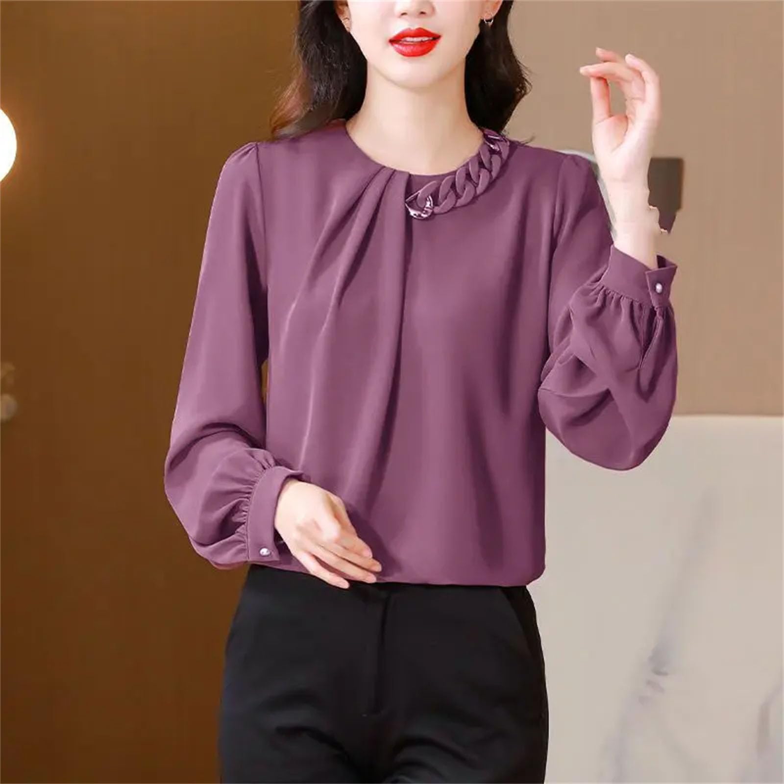 Camiseta de manga larga con cuello redondo para mujer, color liso, holgada, elegante, para uso diario