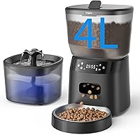 CORGOTE Automatic Cat Feeder & 2L Water Fountain - 4L Timed Dry Food Dispenser, 6 Meals/Day, 10s Voice Call, Anti-Jam for Cats & Dogs, Black