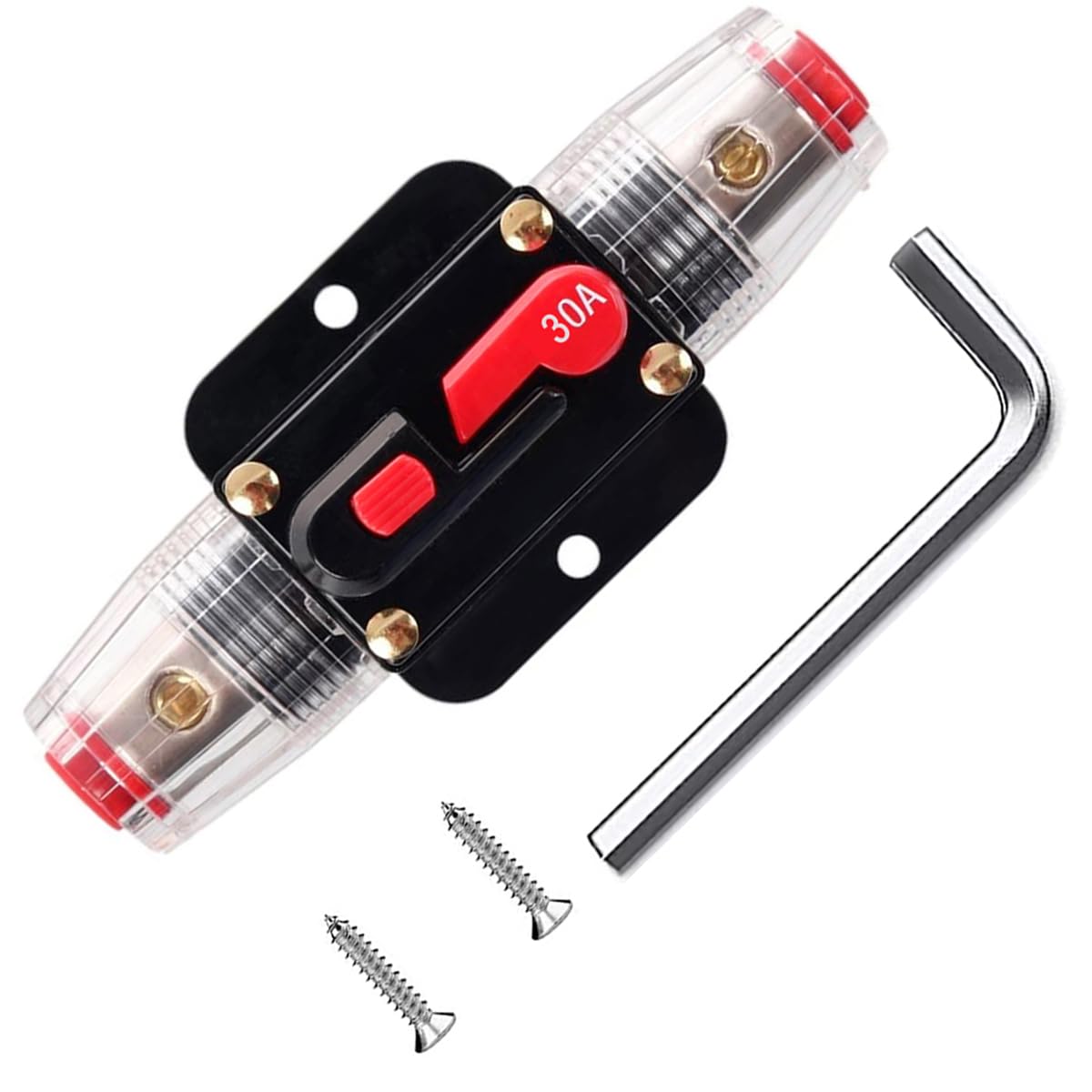 Greluma 1 Pieza Fusible de reinicio del disyuntor en línea de 30A, portafusibles de reinicio de 12V-24V DC con reinicio manual para protección del sistema de audio de barcos marinos automotrices