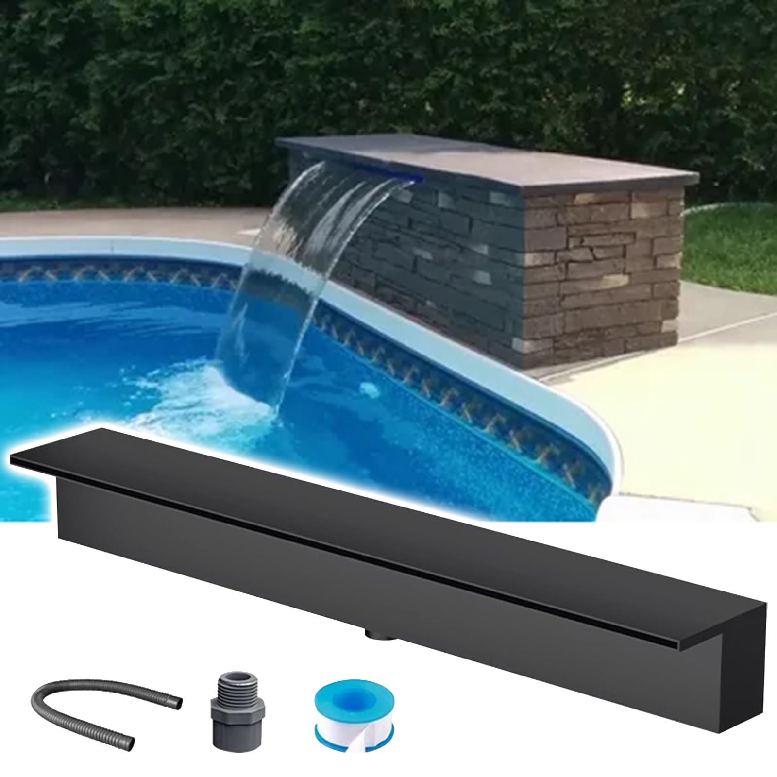 Kit Fontana da Parete in Acciaio Inox per Piscina, Cascata da 101 cm con Accessori, Getto d'Acqua per Interni/Esterni, Design Moderno Nero per Un Elegante Gioco d'Acqua.