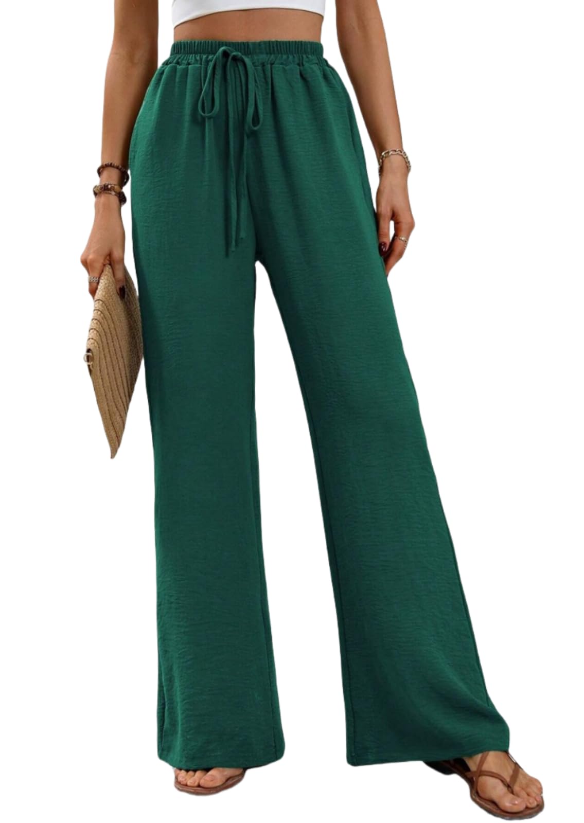 SIAOMA Womens Wide Leg Pants Solid Color High Waist Elastic Trousers Pants with Pockets Peacock Small