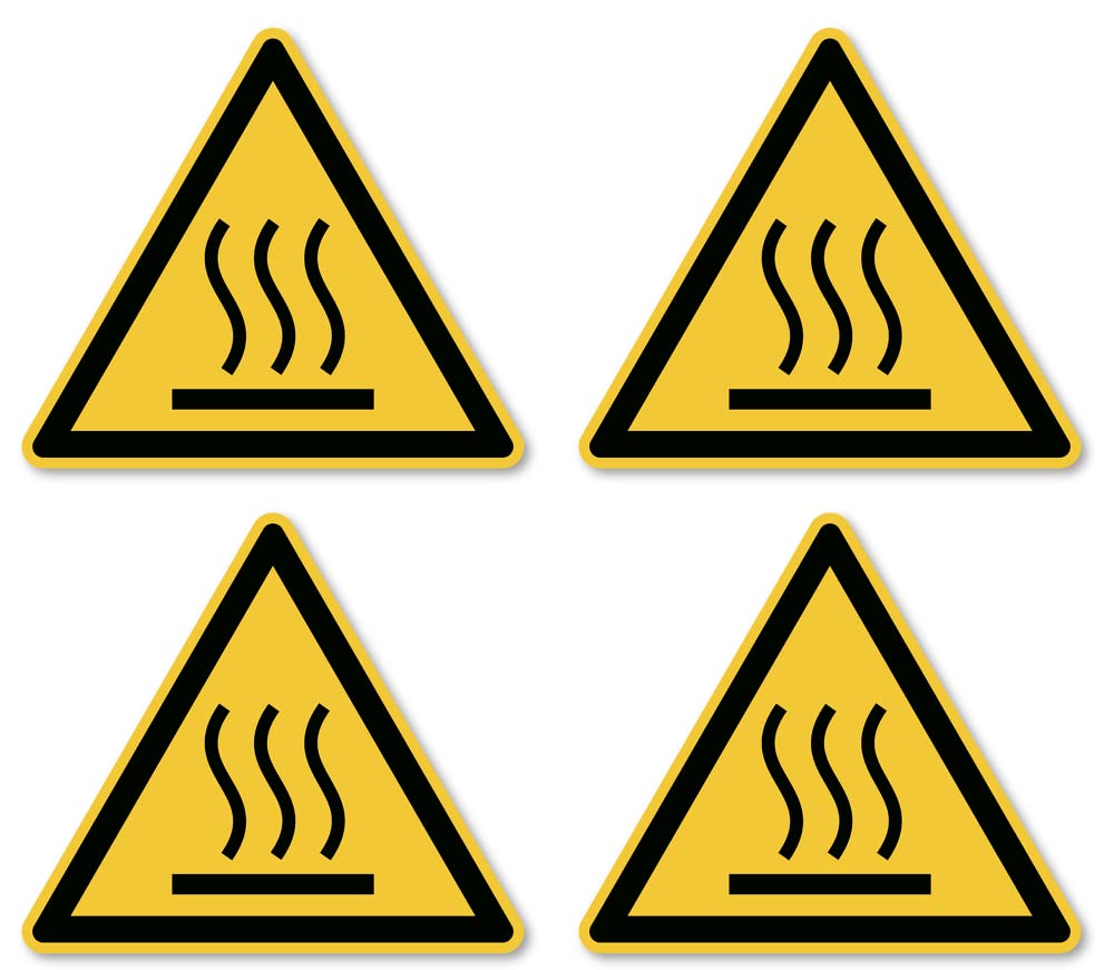 Warning of hot surface: W017 - DIN EN ISO 7010 / ASR A1.3 - sticker: diameter 10 cm, pack of 4, Red