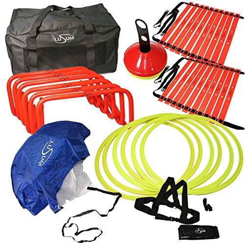 Lusum Speed Agility Kit - 6 x Hurdles, 24 x Cones, 2 x Agility Ladders 1 x Speed Resistance Harness, 1 Speed Parachute and a Heavy Duty Carry Bag - Multi-Sport Training Equipment For Football, Rugby
