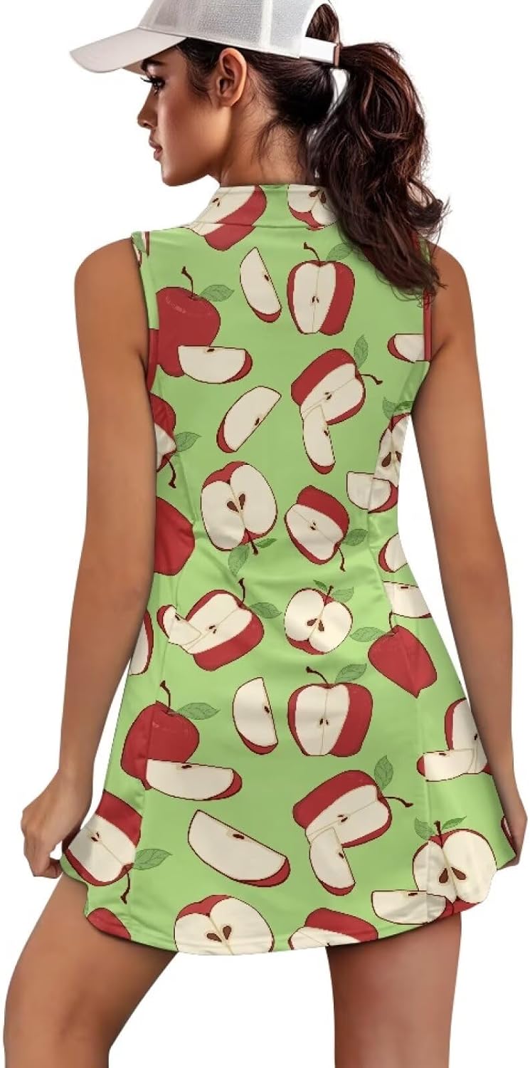 Golf Dresses for Women with Shorts Apple Print Workout Tennis Dress with Pockets Zip Up Sleeveless Athletic Romper Dresses Summer Pickleball Outfits