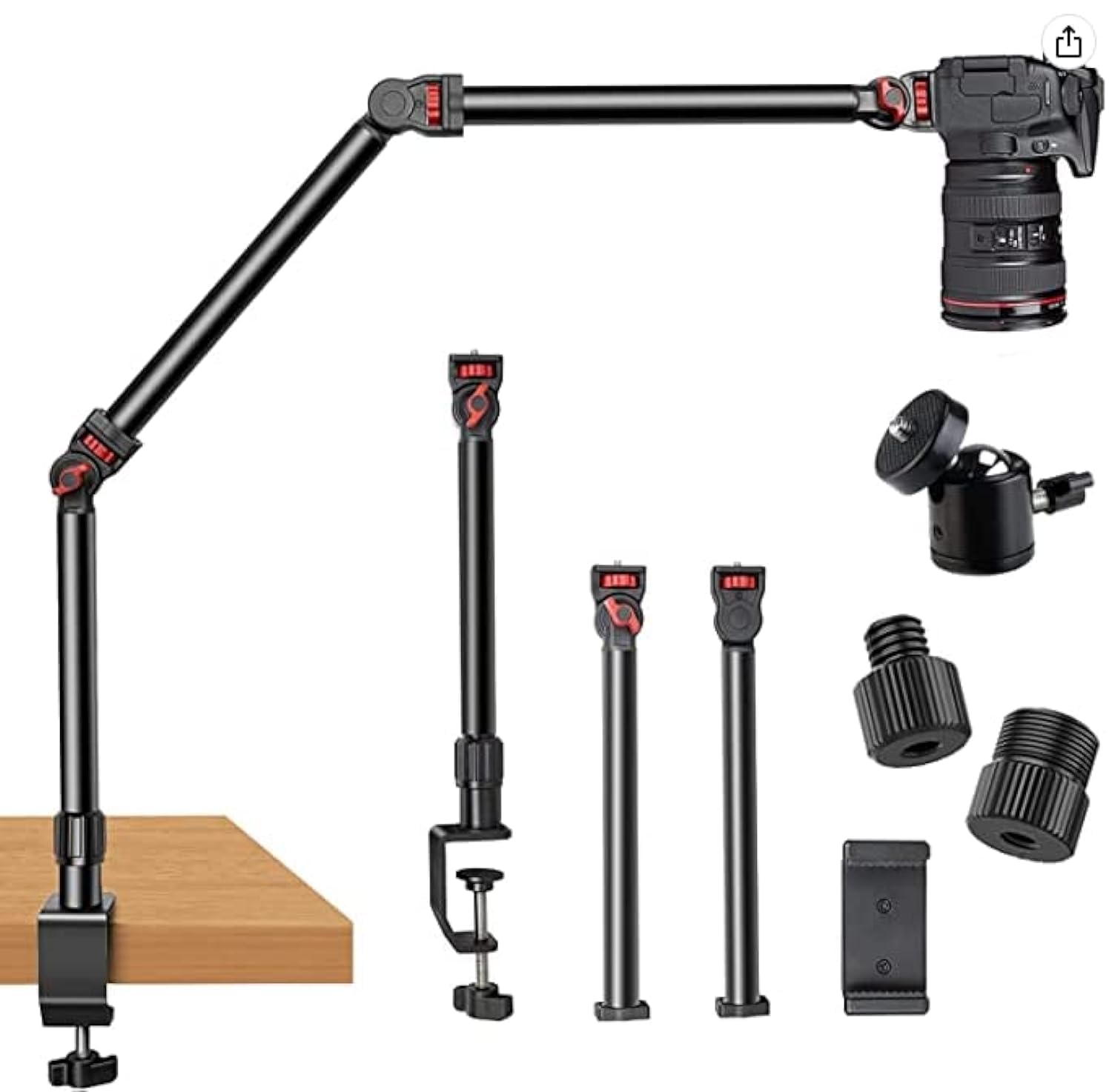 ZYTSHOP Overhead Camera Mount Desk Stand, 3-Section Flexible Detachable Articulating Arm with 1/4“ 3/8" 5/8" Screw&360° Ball Head, C-clamp Tabletop Mount for DSLR Camera/Webcam/Microphone/Lights