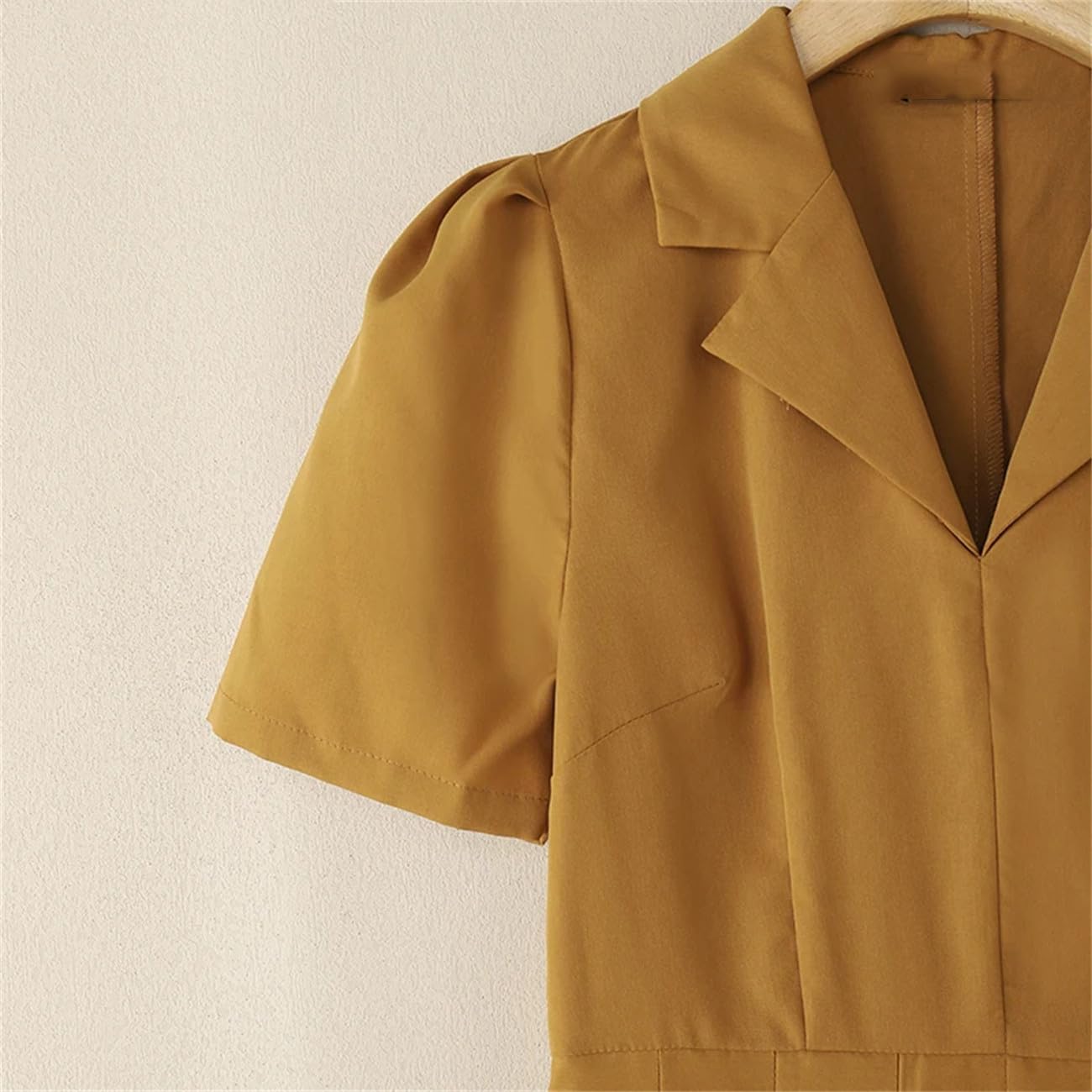 Elegante A-Line Midi Abiti Moda Donna Vita Alta Risvolto Collo Pieghe Vesti Femme Manica a Sbuffo Breve Abito Solido