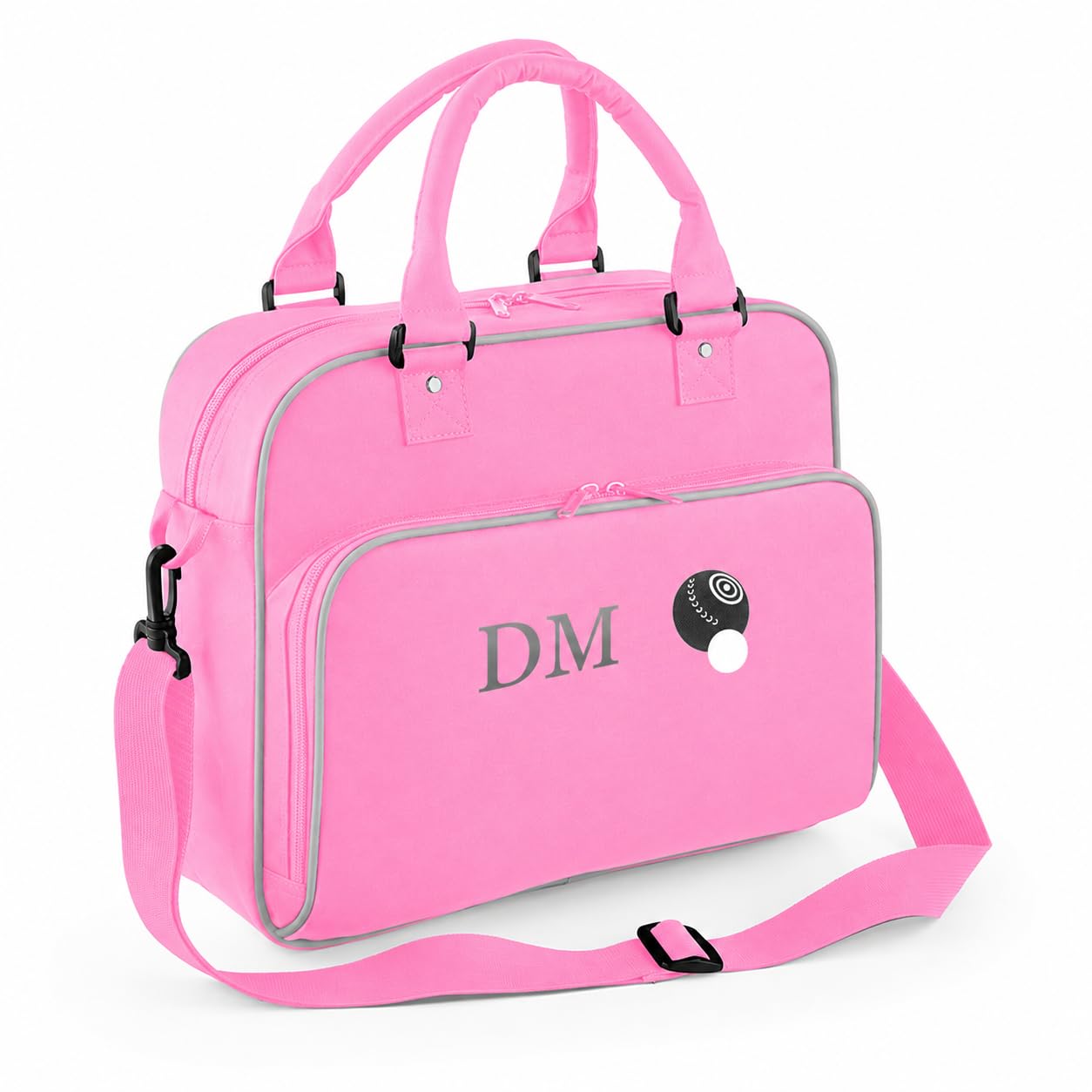 Personalised Crown Green Bowls Bag. Embroidered Initials & Motif 15L for Bowls and Equipment Pink/Grey