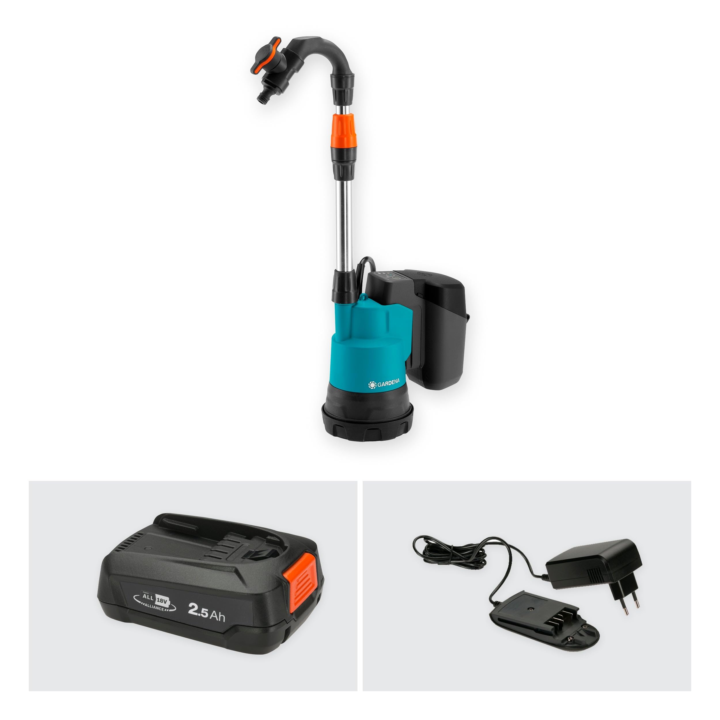 Gardena Pompe pour collecteur d'eau de pluie sur batterie 2000/2 18V P4A - Kit prêt à l'emploi: Débit et pression élevés, Niveaux de puissance réglables, Protection contre la marche à sec (14602-20)