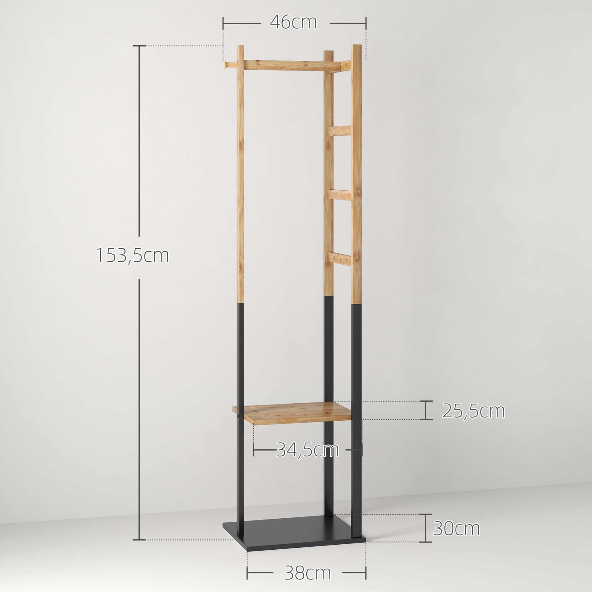 HOMCOM Perchero de Pie de Bambú con 2 Estantes 2 Ganchos Natural y Negro | 5 Barras, Perchero de Entrada Recibidor, Estructura de Acero, para Colgar Ropa, Pasillo Sala de Estar Dormitorio