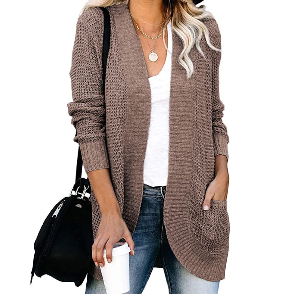 HGJH Damen Strickjacke Langarm,Damen Strickpullover Offen Mittellang Strickjacke Waffelstrick Kimono Grobstrick Einfarbig Braun Strickjacke Weich Elegante Herbst-Leichtjacke Für Lässiges Business