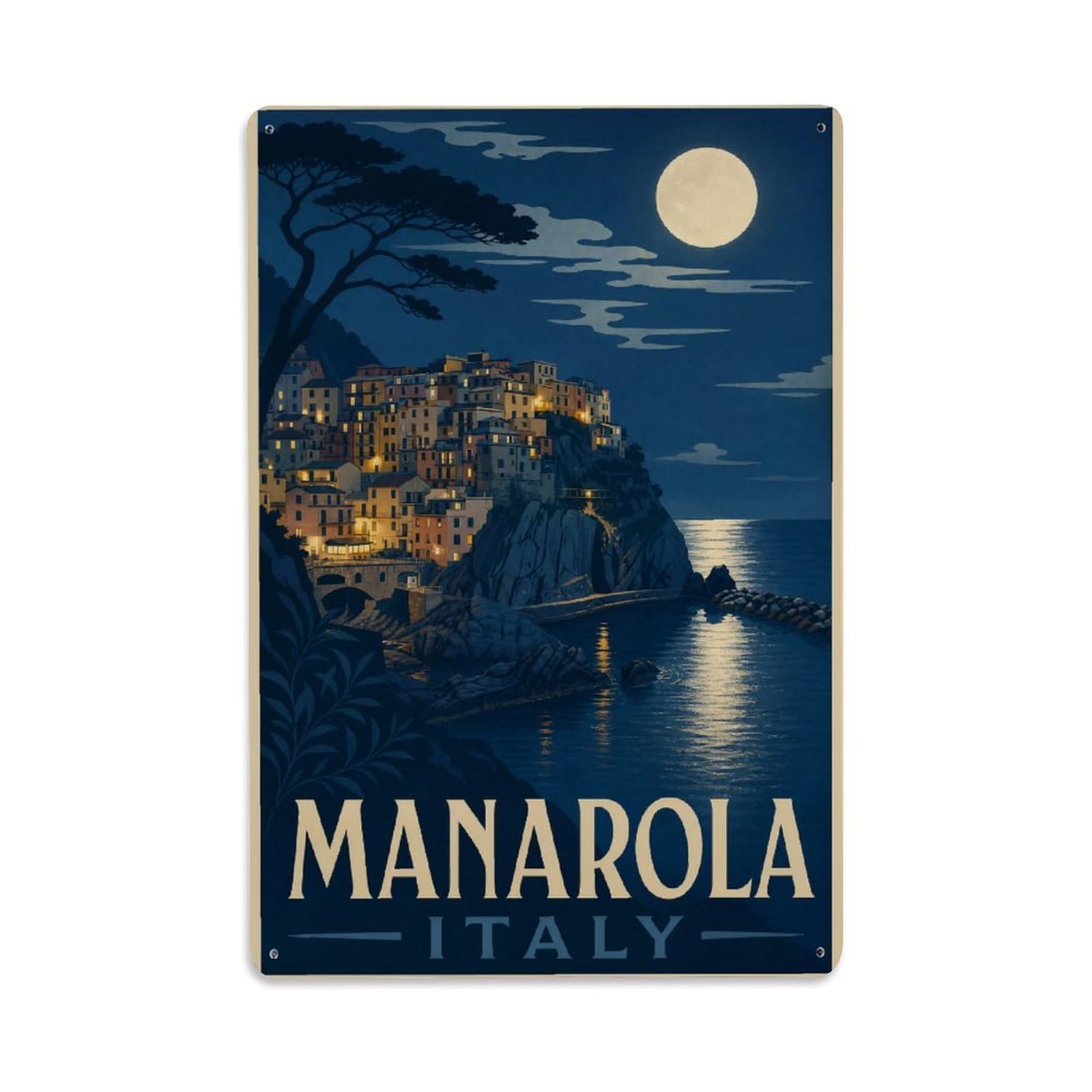 Huiyhb 8X12inch(20X30cm) Vintage Travel Manarola Moonlight Night Sea Reflection Italy Metal Tin Sign
