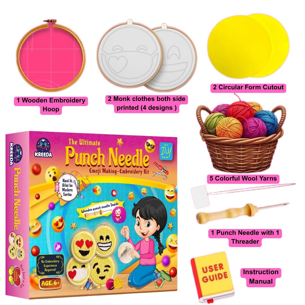 KREEDA DIY Punch Needle Art Kit Beginners, Emoji Embroidery DIY kit, with a Wooden 10*10' X Inch 4 designs printed monk clothes Woolen Yarns. Gifts for Girls & Boys Ages 6, 7, 8, 9, 10, 11, 12 (Punch Needle Emoji)