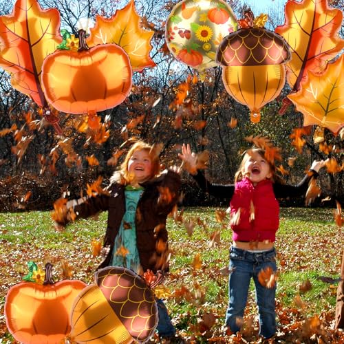 15 Pcs Fall Balloons, Huge Orange Brown Pumpkin Maple Leaf Pine Nuts Aluminum Foil Balloons for Birthday, Baby Shower, Thanksgiving, Friendsgiving Party Decorations Supplies — view 4