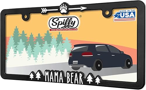 Spiffy Mama Bear - Soporte para marco de matrícula para todos los vehículos de EE. UU.CAN, diseño original, letras elevadas, fabricado en los