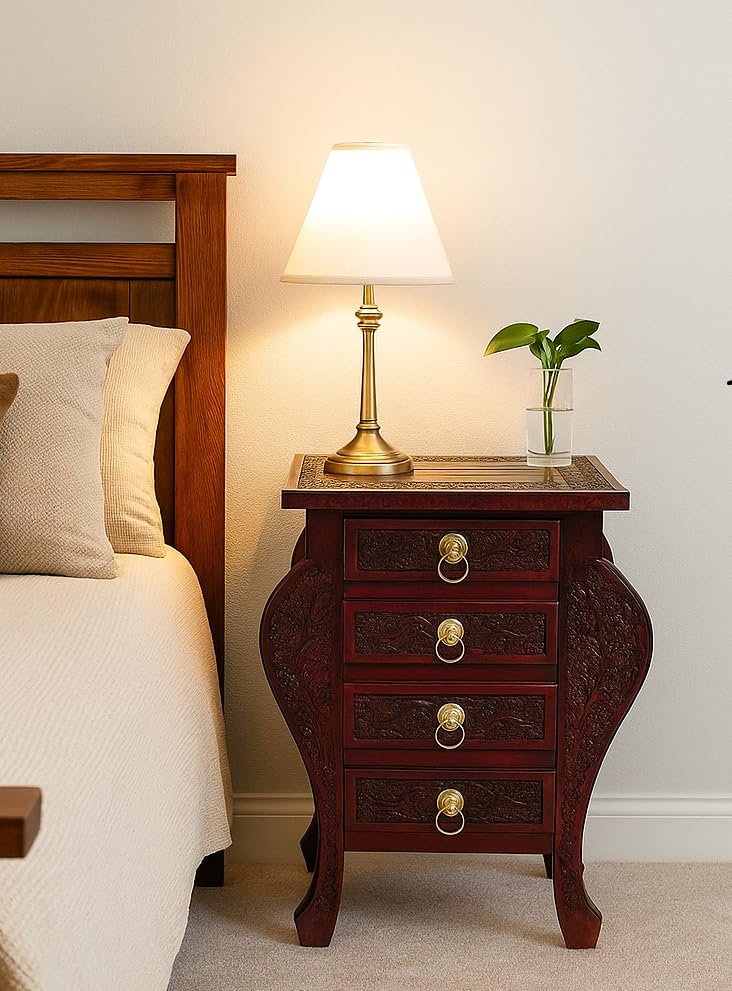Floral Carved Handmade Bedside Table with 4 Drawers Home Decor Furniture for Living Room & Bedroom Glossy Finish (Dark Brown, Mango Wood)-image-5