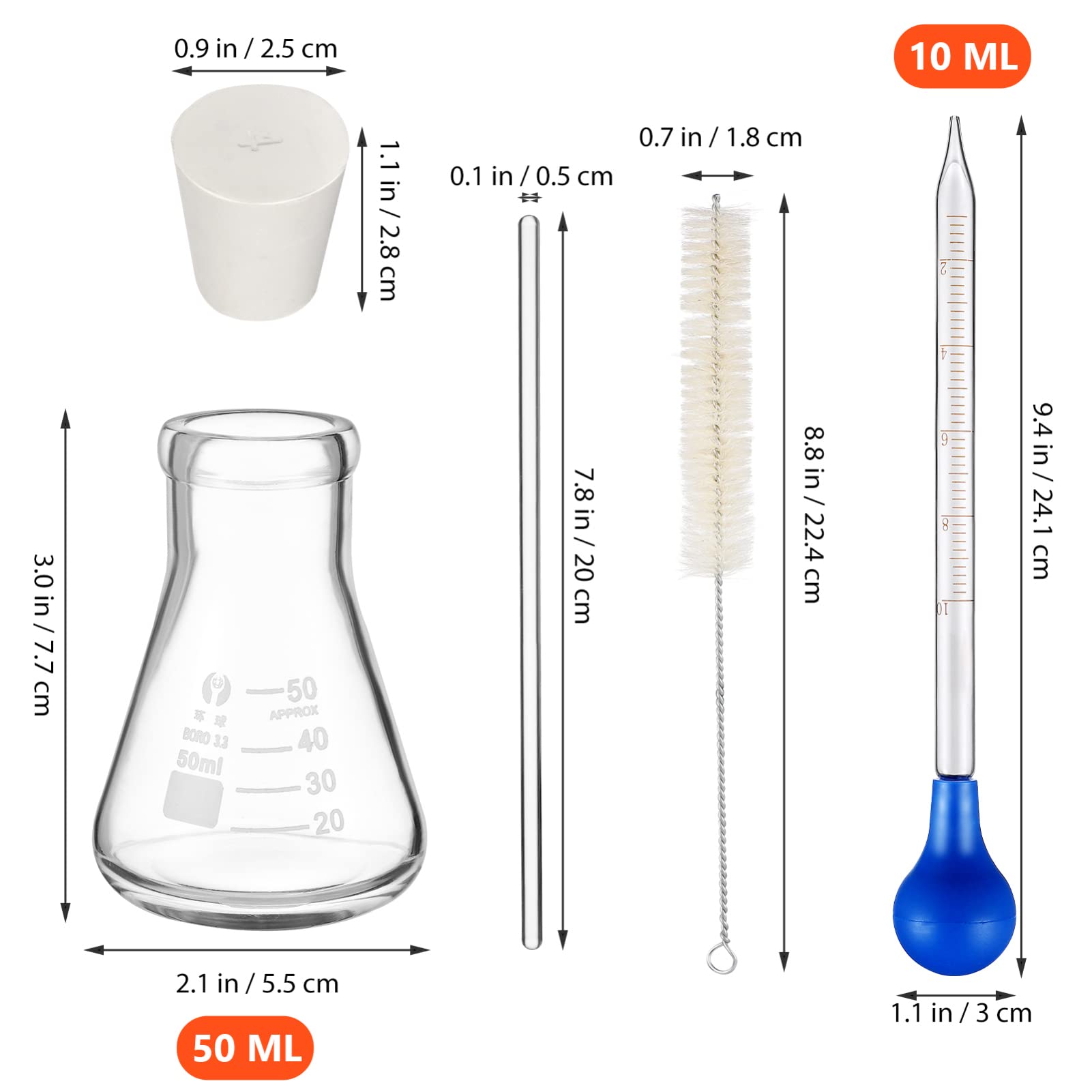 Set Beuta di Erlenmeyer in Vetro 50 Ml con Pipette | Scala Standard, Pipette Contagocce da 10 Ml, con Spazzola per Pulizia e Bacchette per Mescolare