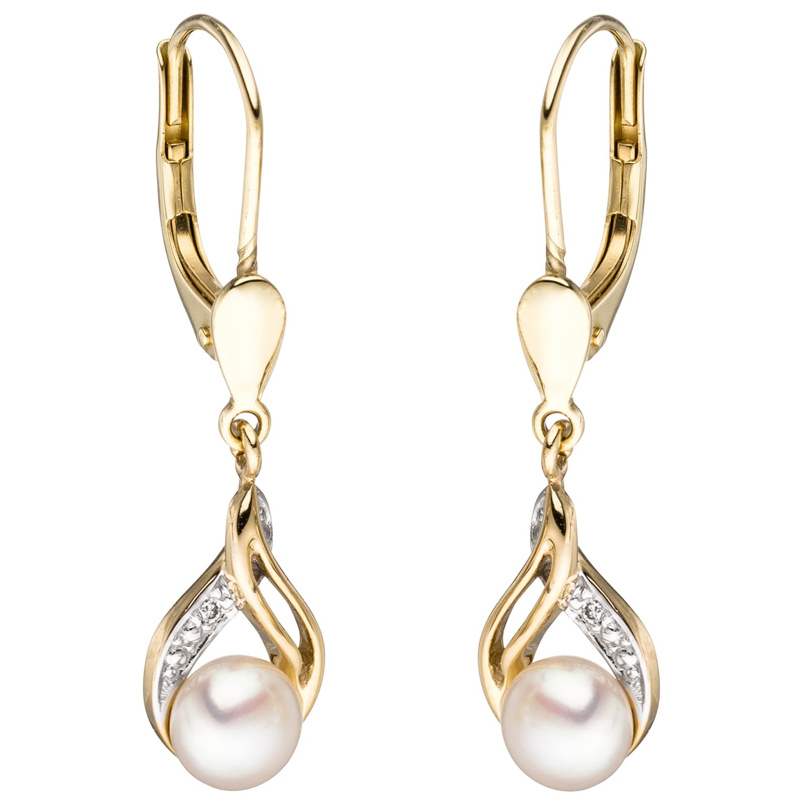 Jobo Damen-Ohrringe hängend aus 14 Karat 585 Gold mit Perlen und 2 Diamanten