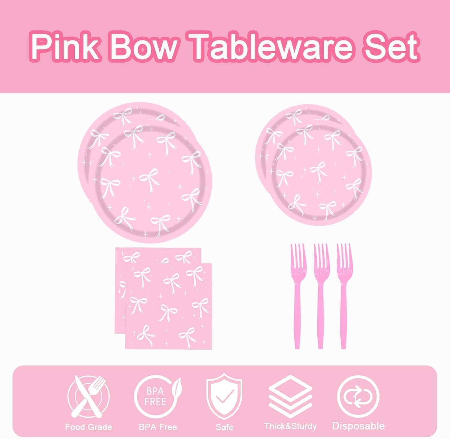 96Pcs Pink Bow Birthday Party Supplies, Disposable Tableware Set Include Plates and Napkins Pink Forks for Serve 24 Guests, Bachelorette Bridal Engagement Baby Shower - Image 3