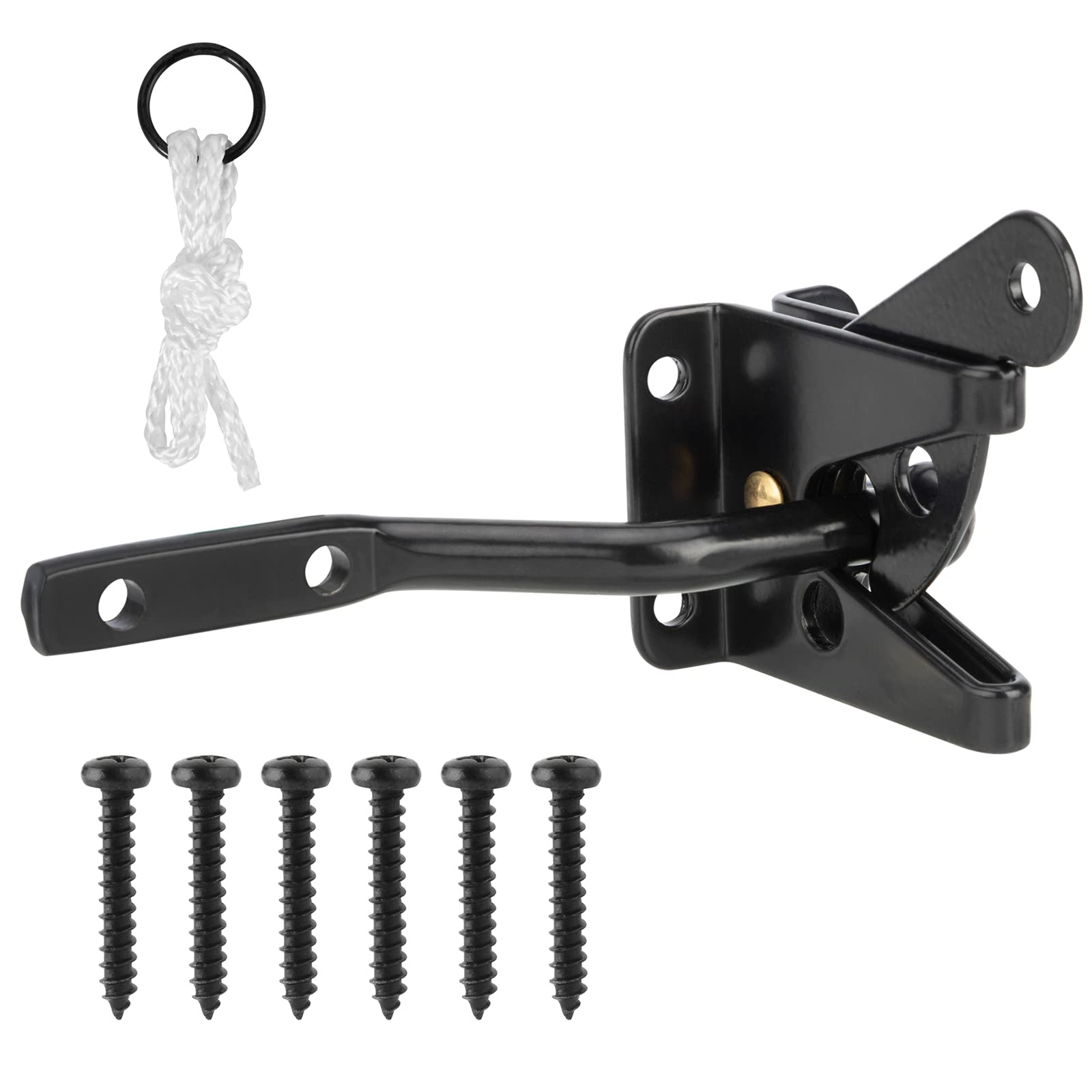 Self Locking Heavy Duty Gate Latch Automatic Gravity Lever for Wooden Fence with Longer Fasteners, Door Latches with Pull String, Steel, Black