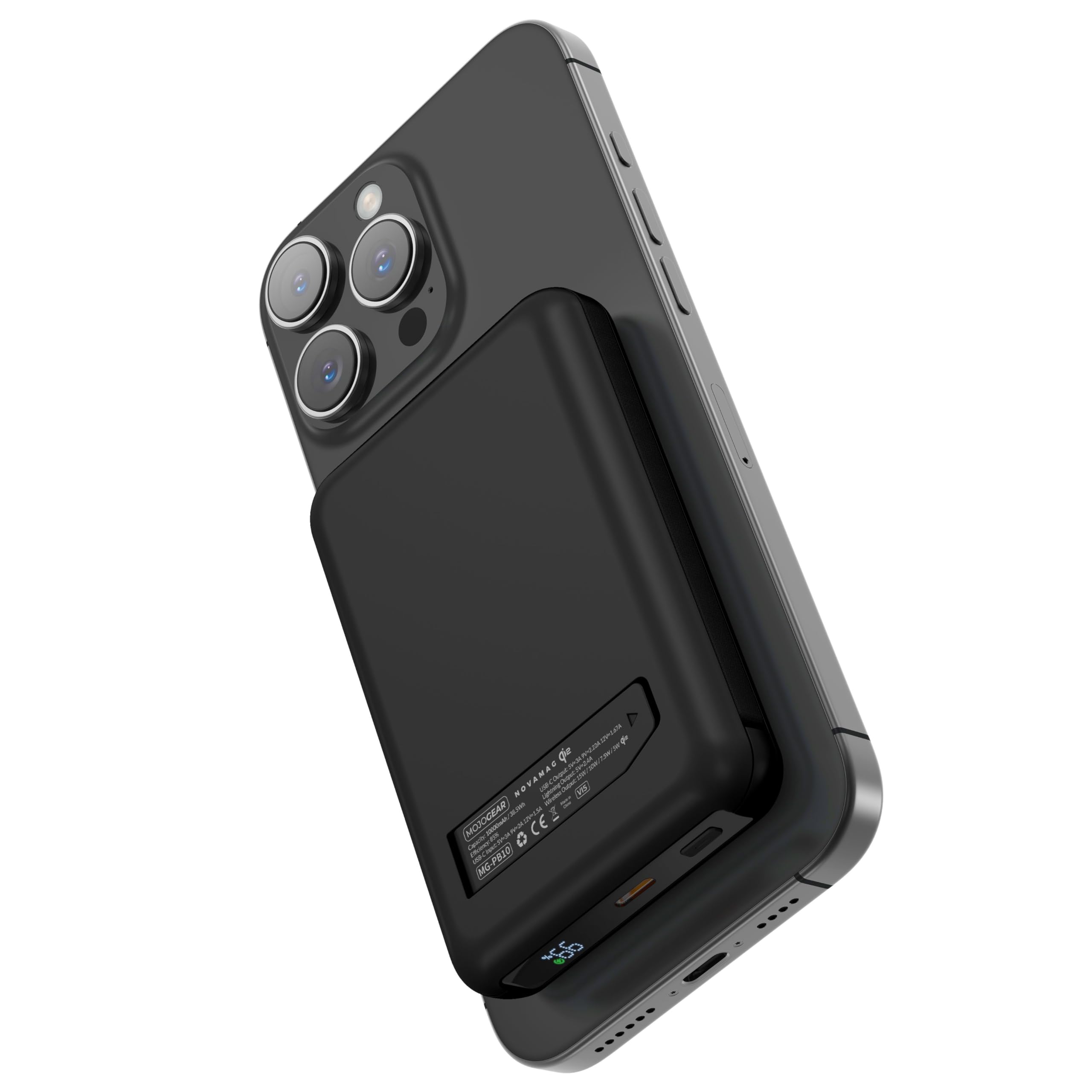 MOJOGEAR NovaMag Batterie externe tout-en-1 10 000 mAh – Charge sans fil Qi2 ultra rapide – Avec câble USB-C et Lightning – Compatible avec iPhone et Samsung – Chargeur Mag Safe – Indicateur LED