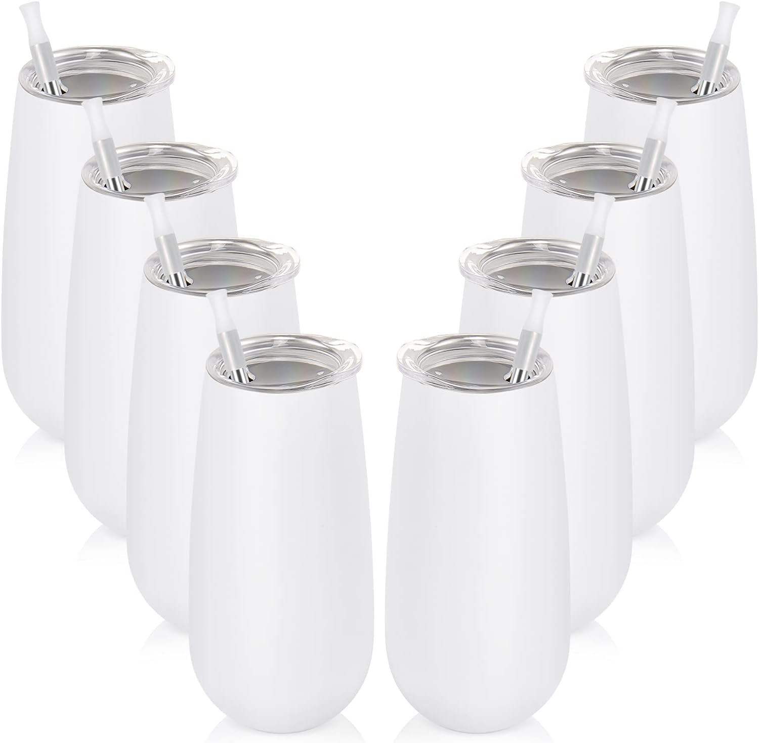 8 Pack Insulated Champagne Tumblers, Stemless Champagne Tumbler 6 Oz, Champagne Flutes Wine Tumbler, Unbreakable Cocktail Cups with Lid, Gift for Family Friends Christmas Birthday Wedding (White)