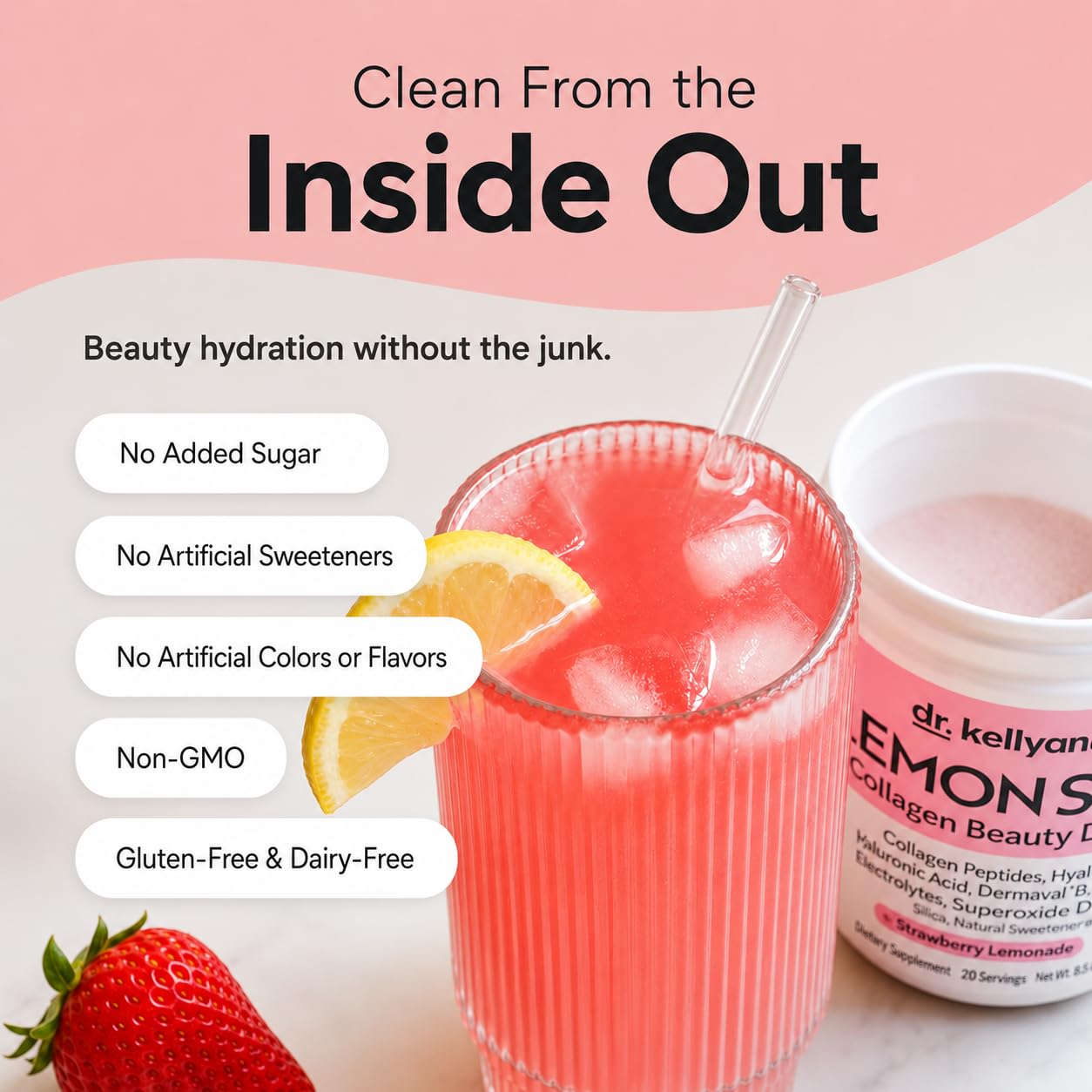 Dr. Kellyann Lemon Sips with Verisol Collagen Peptides, Dermaval & Hyaluronic Acid, Sugar-Free Hydrating Electrolyte Powder, Strawberry Lemonade Flavor, 30 Servings — Amazon image 3