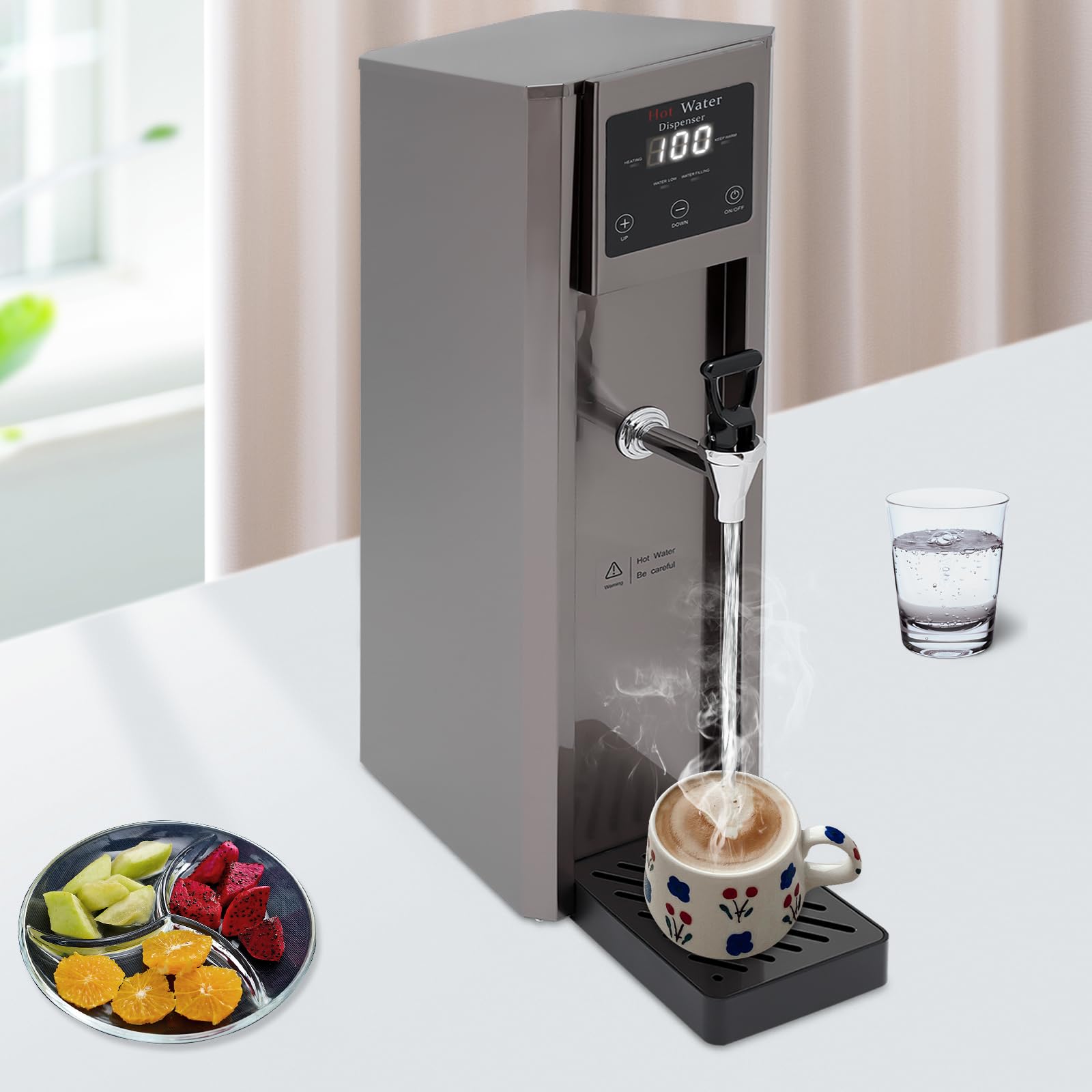 Water Boiler Electric Commercial Hot Water Dispenser Countertop Large Capacity Electric Water Pot 10L with Water Inlet Pipe and Drip Tray for Tea Coffee Restaurant Hotel Office 1800W