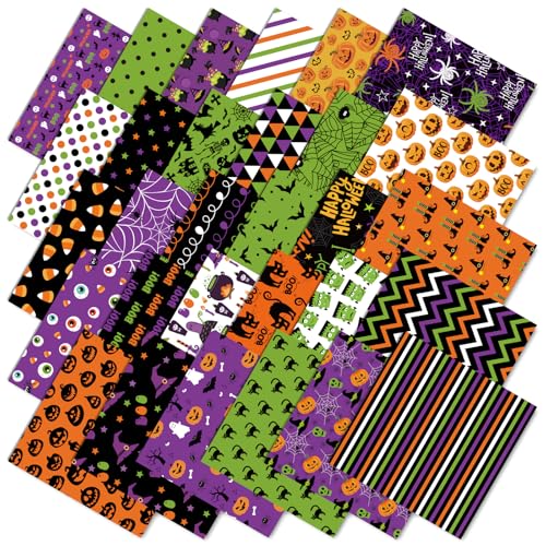 JarThenaAMCS 60Pcs Halloween Cotton Fabric Bundles 10 x 10 Inch Halloween Character Green Purple Black Orange Sewing Fabrics for DIY Craft Party Decor
