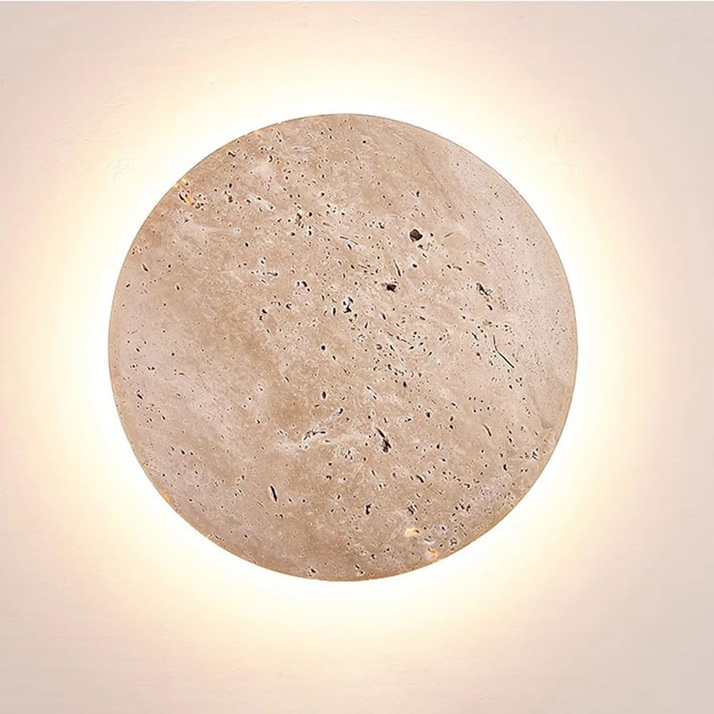 OUBBDVRT 9in Round Sconce Outdoor Waterproof IP65 Wall Lamp Natural Yellow Travertine Wall Lights 8W 3000K Warm Light Wall Mount Lamp Hotel Villa Garden Lighting