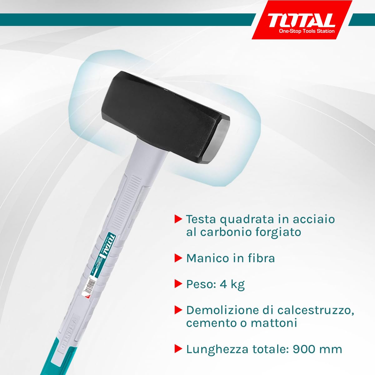 TOTAL - Mazza in Acciaio - 4 kg e 900 mm di lunghezza - Ideale per la costruzione - Alta resistenza agli impatti - Testa quadrata in acciaio al carbonio forgiato - Manico in fibra