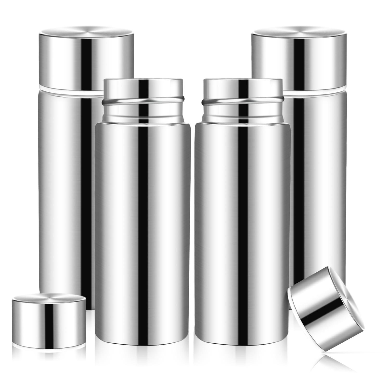 Dualshine 4 Pcs Mini Water Bottle 4.4 Oz Stainless Steel Insulated Thermos Keeps Drink Cold/Hot for Lunch Box Bag Coffee (Silver)