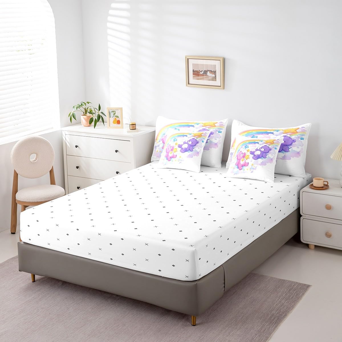 Cartoon Bear Reversible Comforter Set 7 Piece Full Size,Rainbow Stars Cloud Watercolor Painting Bed Sheet Set Cute Pink Purple Bear Kawaii Animal Bedding Set with Comforter,Fitted & Flat Sheet