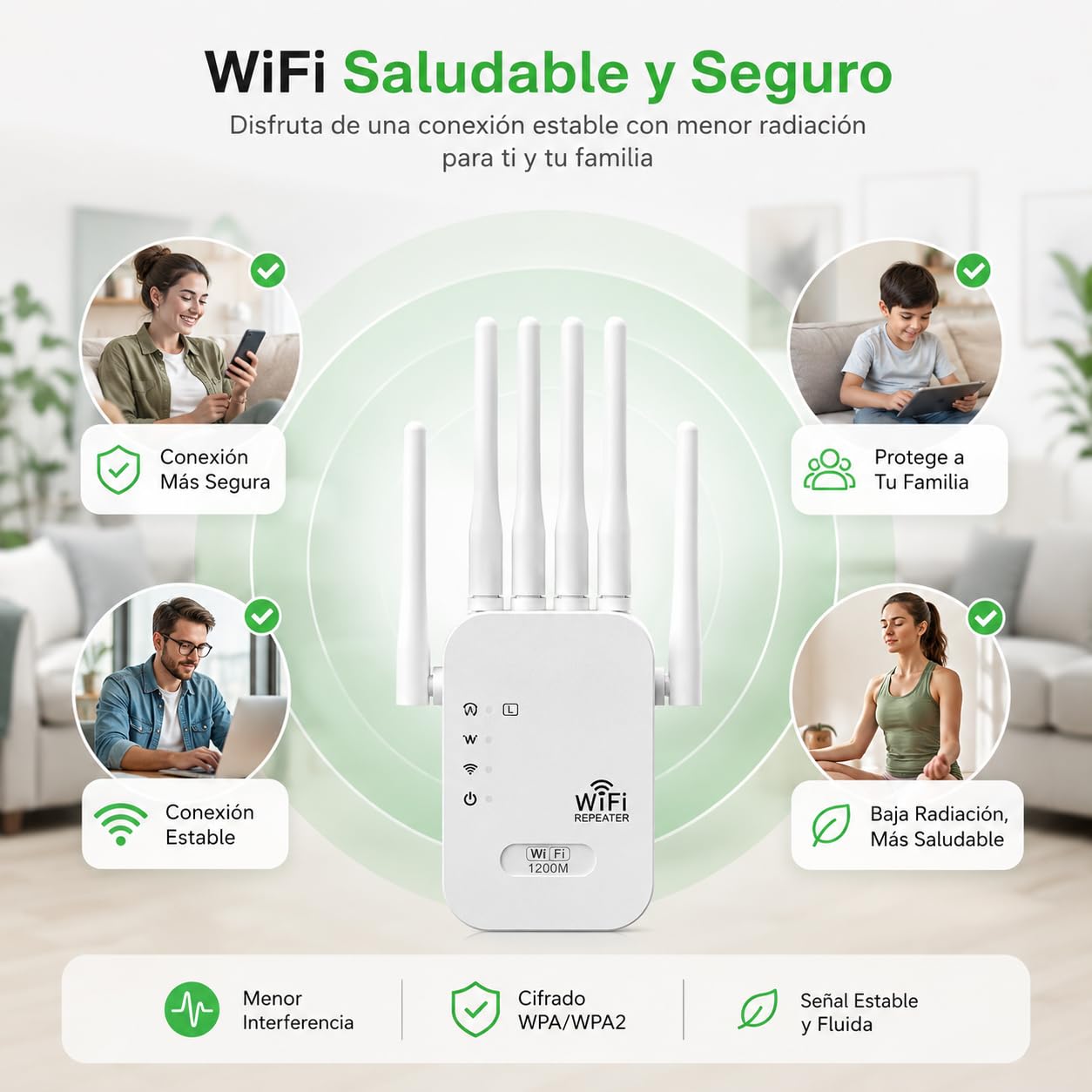 2026 Nuevo Repetidor WiFi 1200 Mbps, Amplificador de Señal WiFi de Largo Alcance 2,4 y 5 GHz con 6 Antenas, Extender up to 120 m2, Configuración Sencilla de WPS, para Hogar y Oficina Pequeña (1200M)