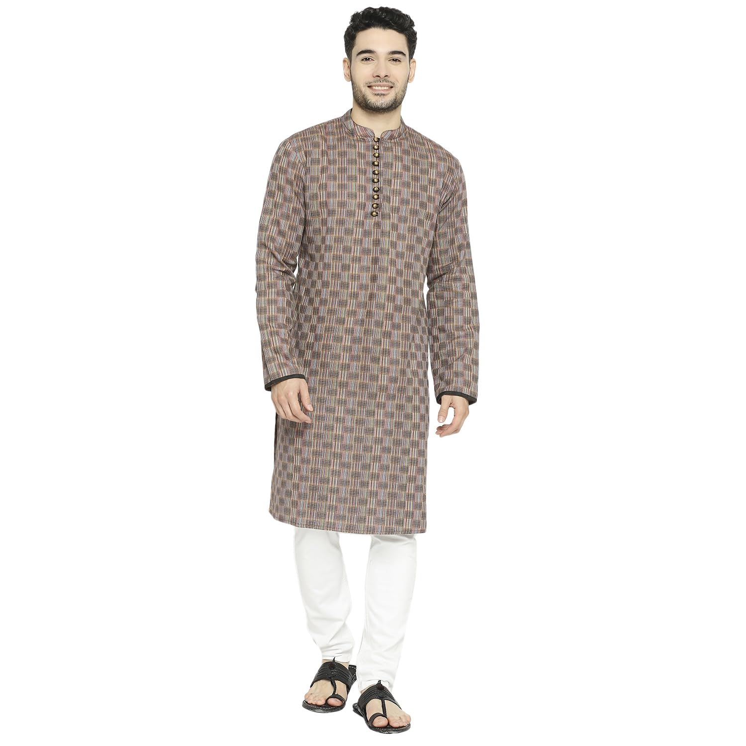 Men’s Cotton Full Sleeve Checkered Long Kurta | Multicolor Woven Design| Regular Fit with Mandarin Collar | Knee-Length-image-46