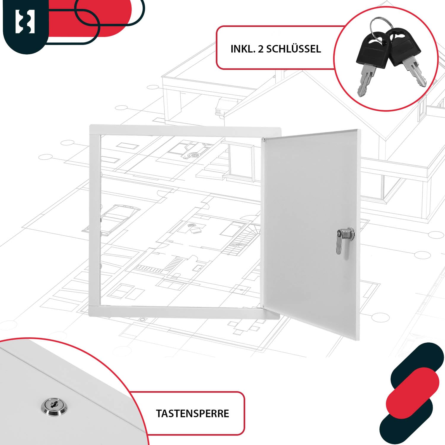 KOTARBAU® Sportello di ispezione 40 x 40 cm, per installazione a secco, porta di ispezione con serratura a chiave, scatola di sicurezza, a incasso, sportello di ispezione in acciaio zincato