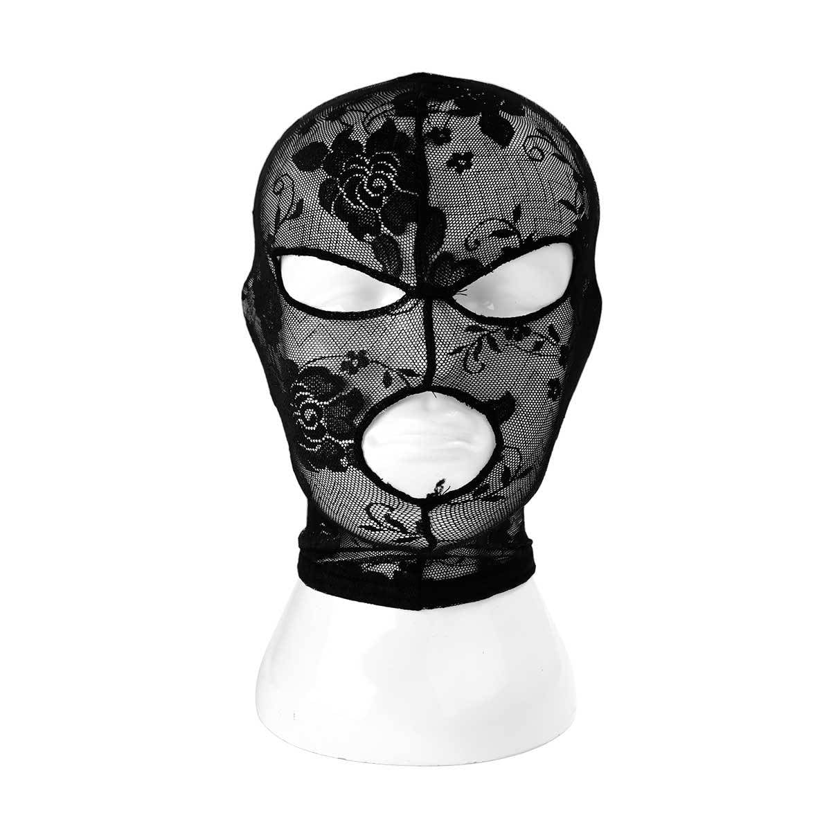 Tingyilan 2Pcs Black Lace Masquerade Full Face Veil Mask with Open Eyes And Mouth Hollow Out See Through Hood Head Cover Party Eyemask for Men Women,B,One Size