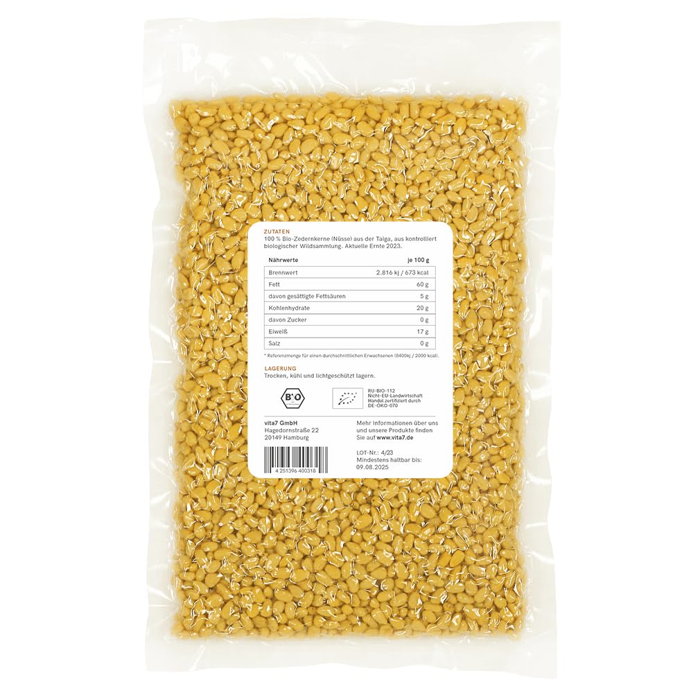 vita7 - Bio Zedernüsse, 500g, Nüsse der Zedern, Pinienkerne, Wildsammlung Taiga, unbehandelt