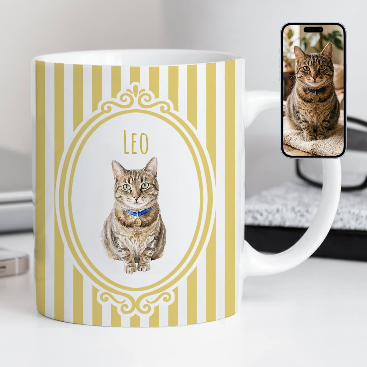 BGExpress Personalised Mug with Custom Dog Pet Portrait, Handmade from Your Photo, Unique Gift for Dog Lovers & Pet Owners (Striped Yellow)