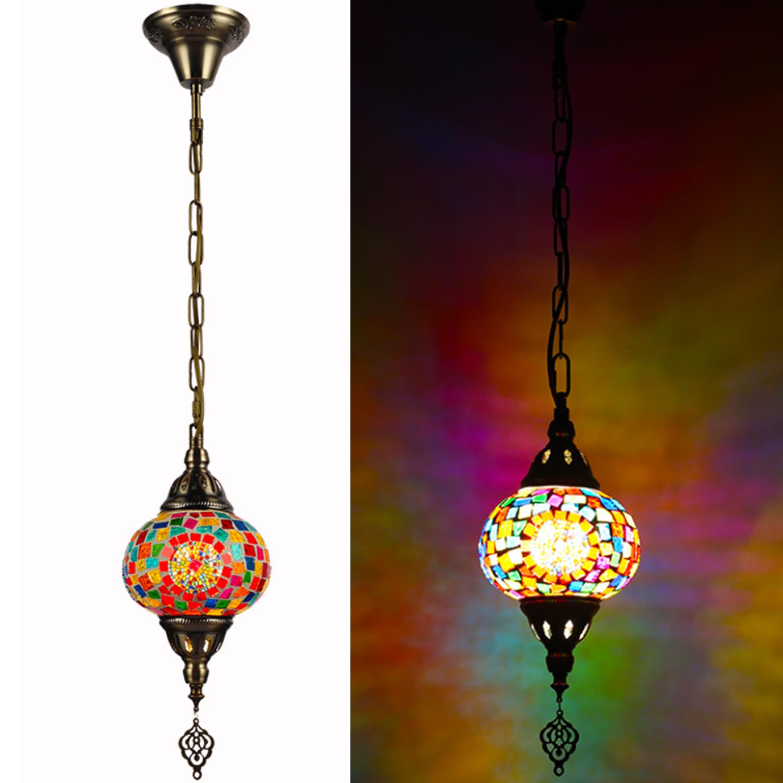 HYJAUSXB Turkish Pendant Lamp, Handmade Moroccan Mosaic Lantern Ceiling Light, Multicolor Stained Glass Chandelier, Bohemian Style Hanging Lamp for Bedroom, Bar, Living RoomMulticolor,A