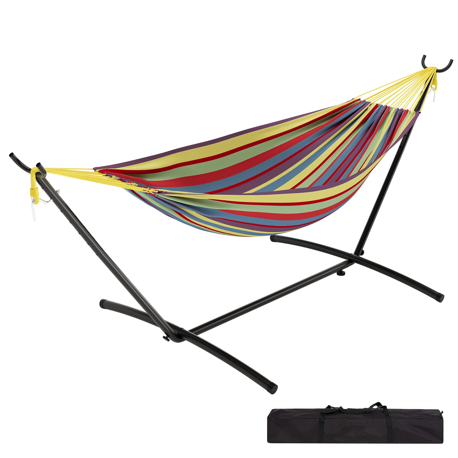 AffinityFurn Hammock with Stand Set, 2 Person Foldable Portable Polyester Cotton Hammock, 450 Lbs Capacity with Carry Bag, Outdoor Hammock for Patio Garden Backyard Camping - Yellow Rainbow Stripes