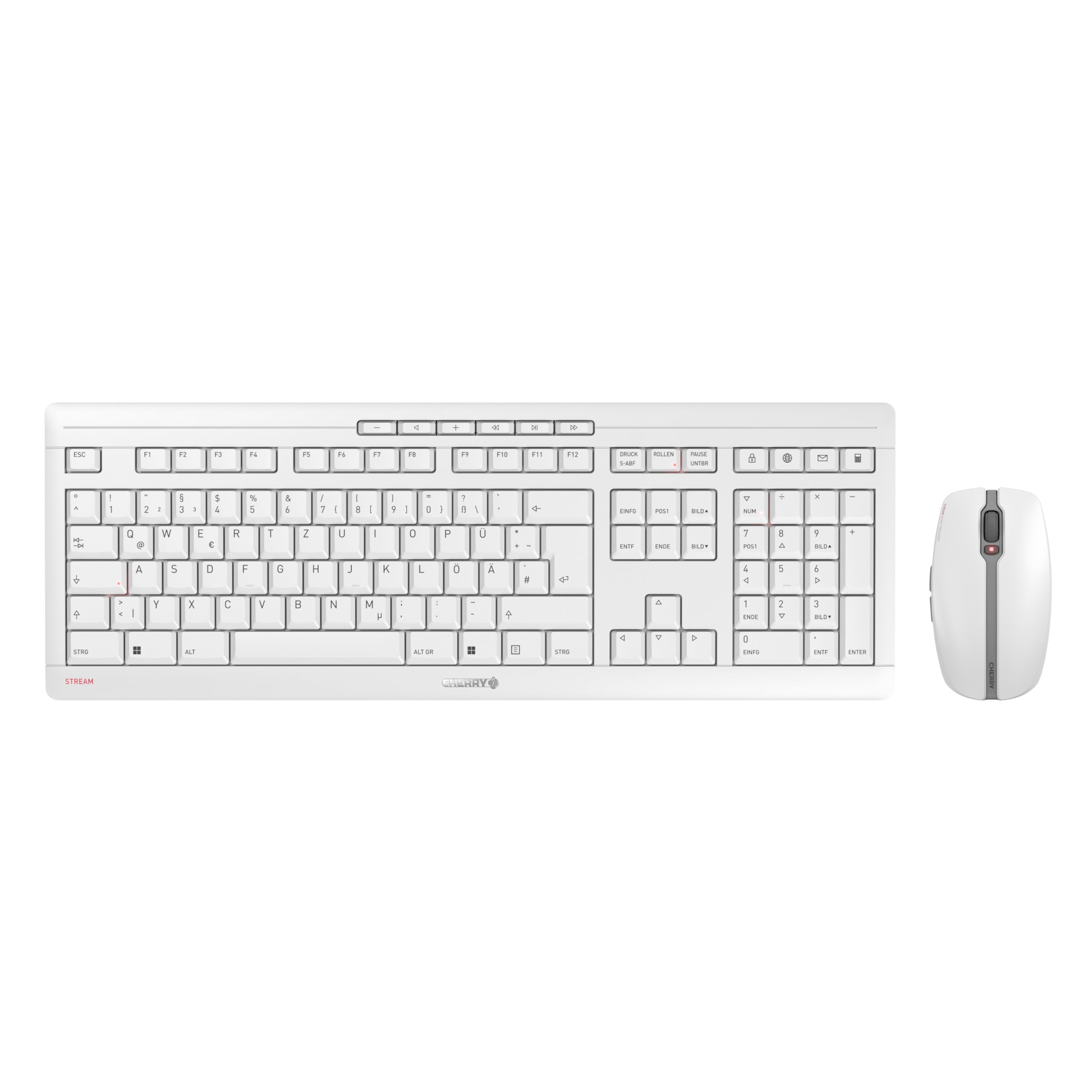 CHERRY Stream Desktop Recharge, Kabelloses Tastatur-Maus-Set, Deutsches Layout (QWERTZ), 2,4 GHz Funk, Leiser Tastenanschlag, Wiederaufladbar, Weiß-Grau