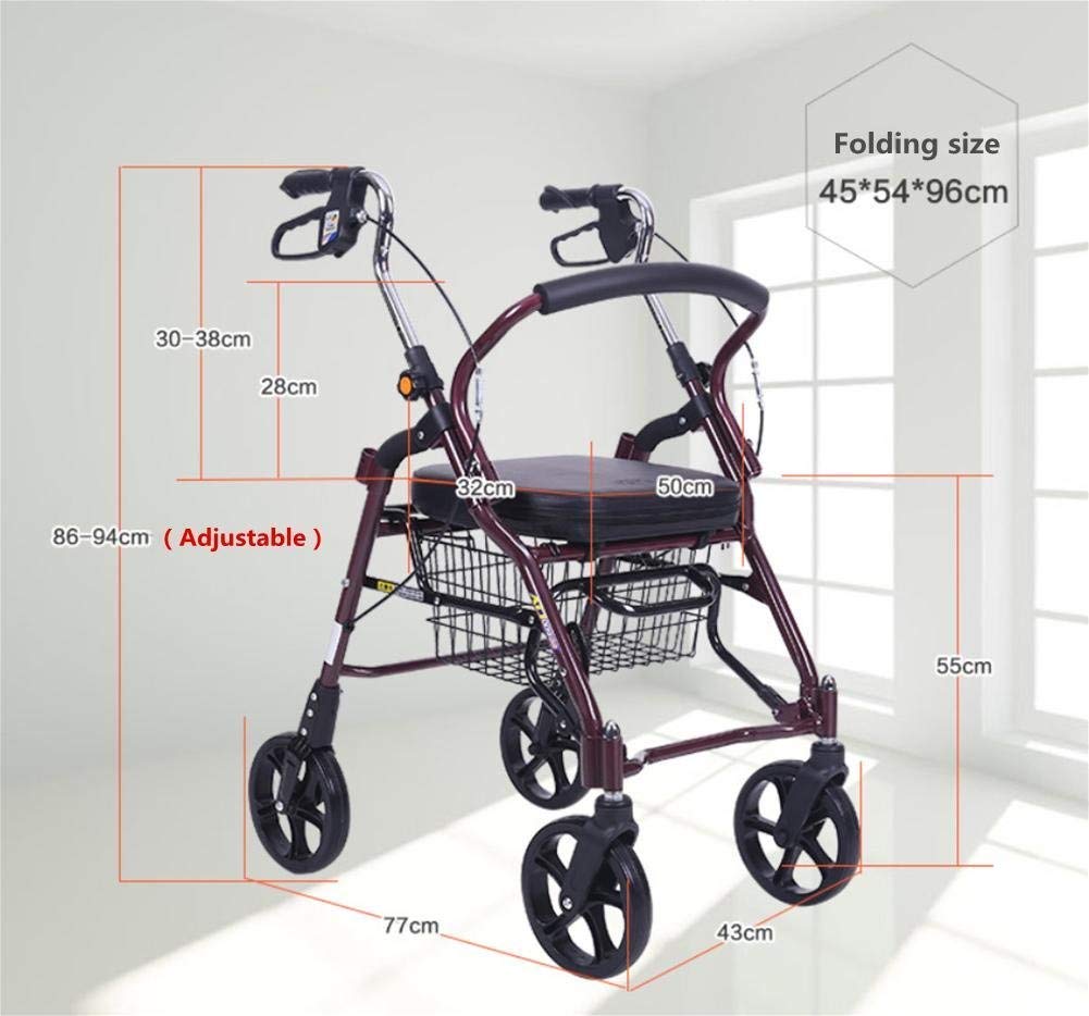 Carrello Portaoggetti Multifunzionale, Sedie a Rotelle, Sedia a Rotelle per Anziani, Carrello Della Spesa Pieghevole a 4 Ruote in Alluminio Leggero con Sedile Imbottito, Freni Bloccabili e Cest