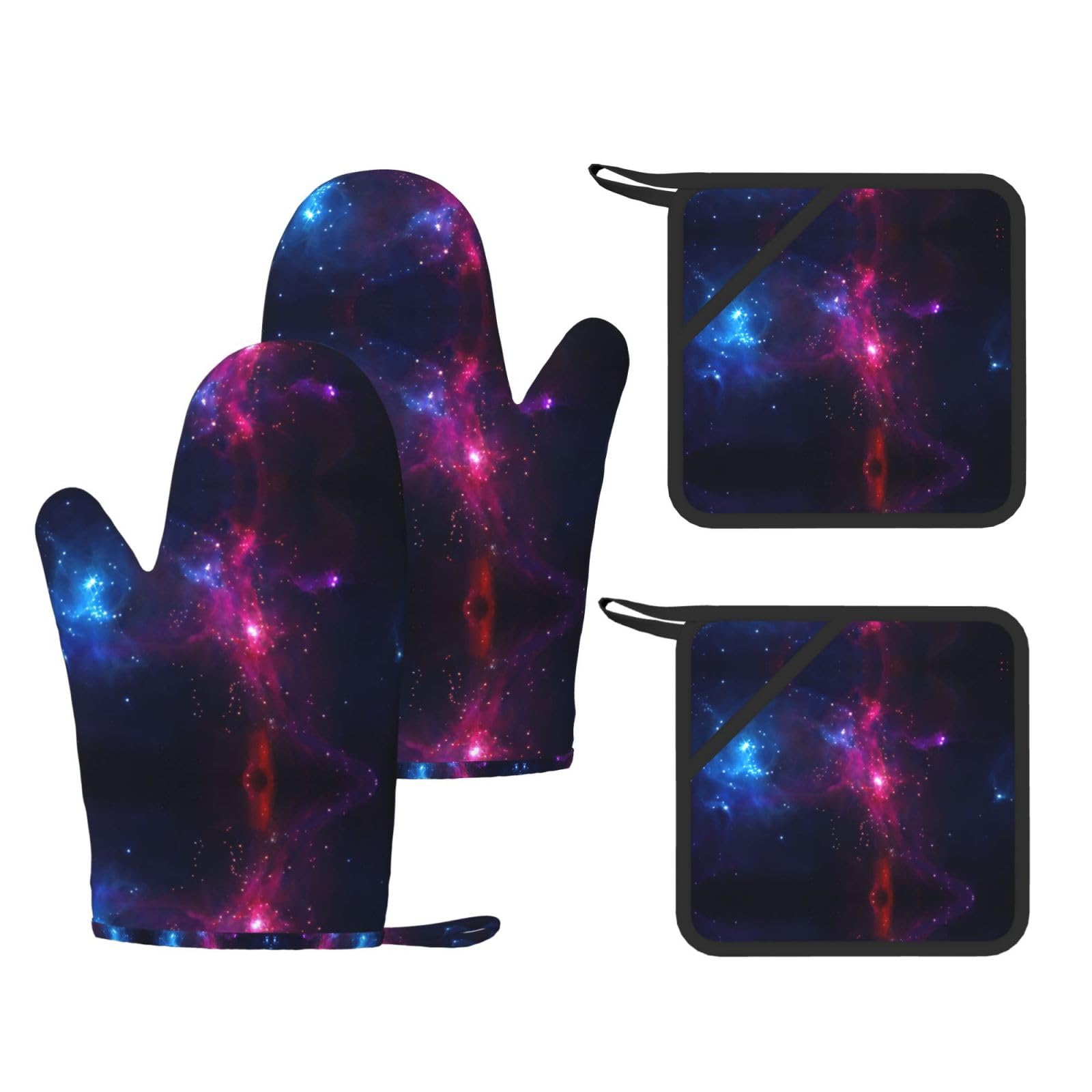 Galaxy Trendy Printed Kitchen Set with Heat Resistant Gloves & Non-Slip Hot Pads for Baking & Grilling