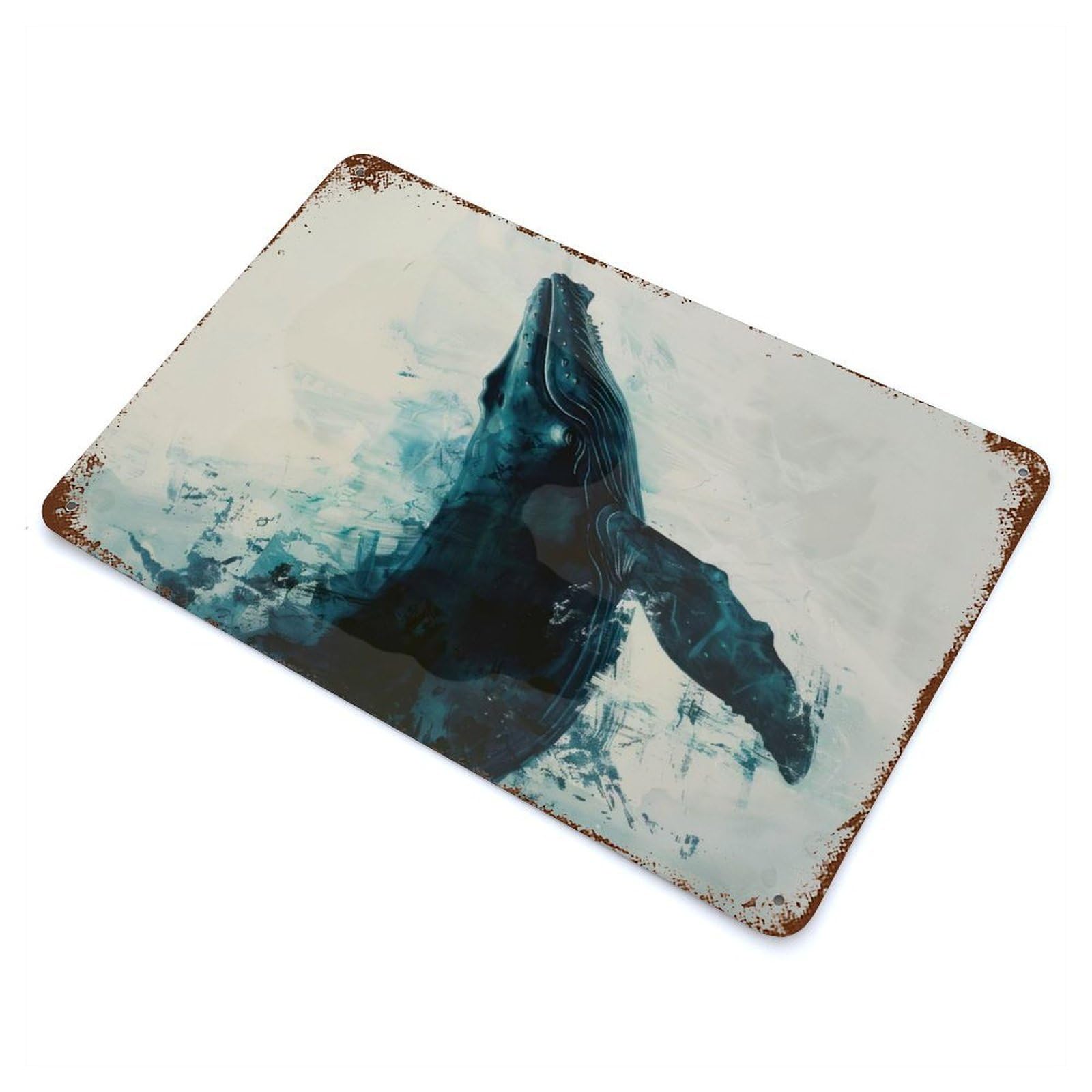 Rust Effect Whale Painting Art Rusty Metal Tin Sign 11.8"x7.9", Old School Wall Decor for Cafe, Home Bar And Lounge Decor