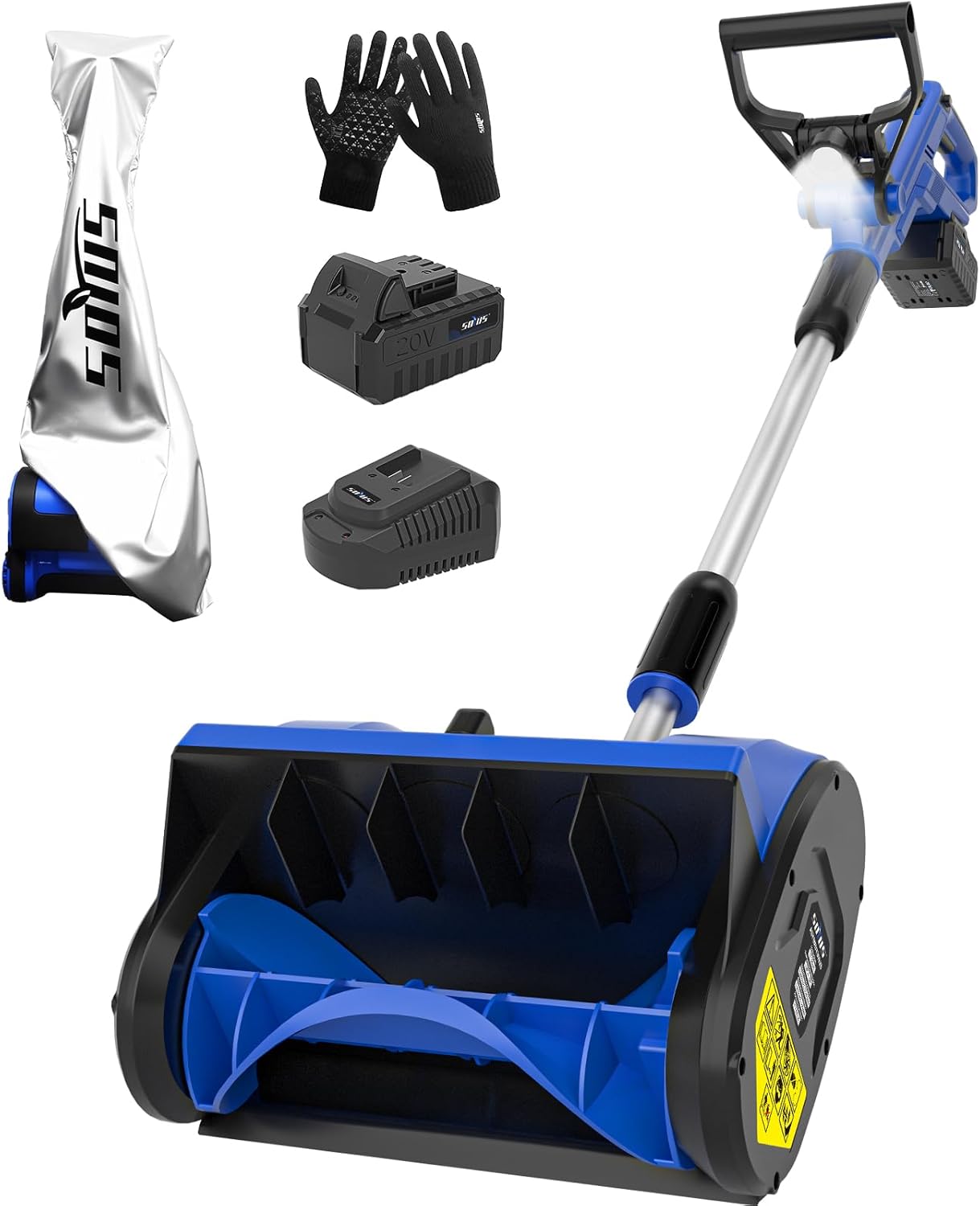 SOYUS 20V 12-Inch Cordless Electric Snow Shovel with battery, charger, and cover