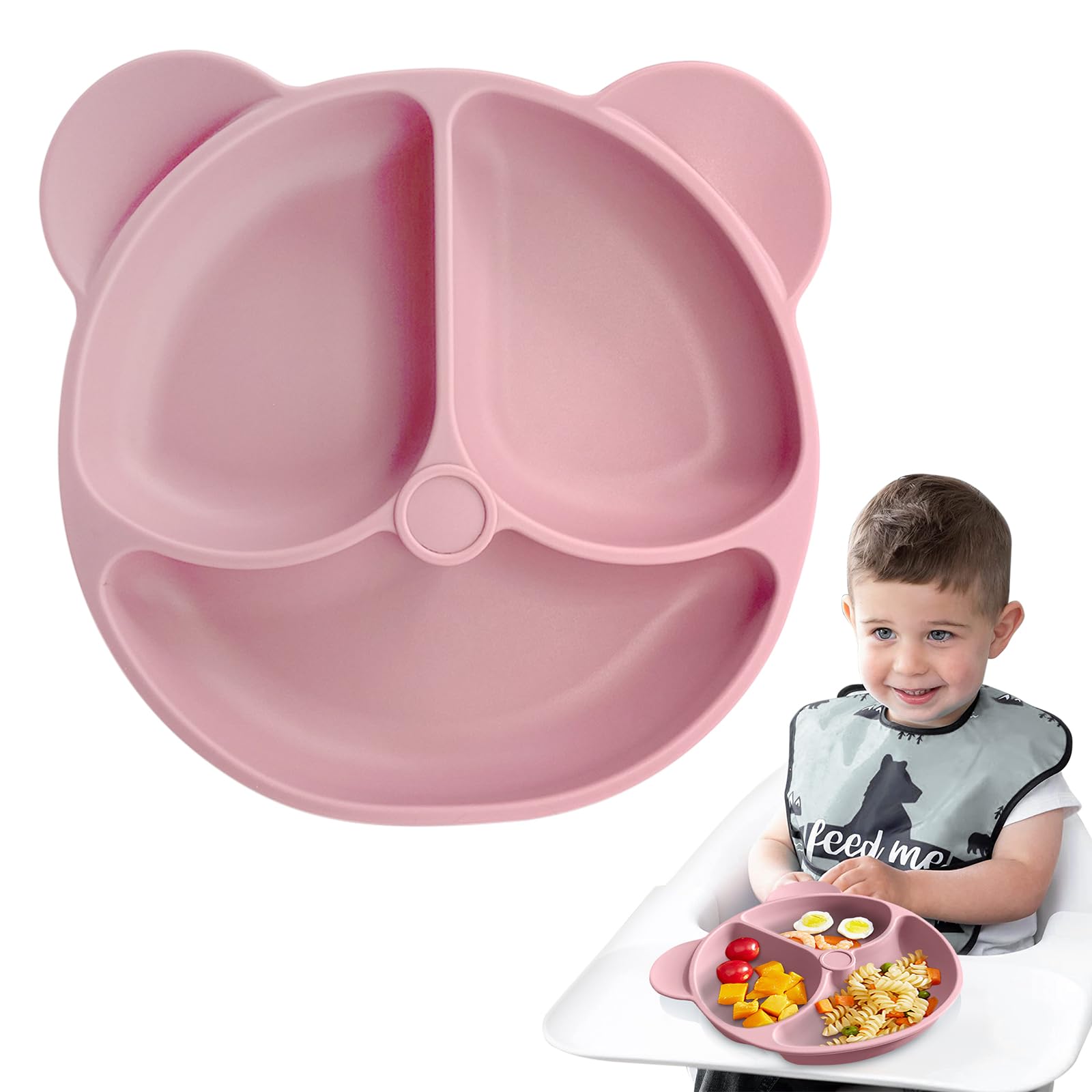 ObidodiBaby Suction Plate, Non Slip Silicone Baby Weaning Plate, Toddler Feeding Plate with Suction, Divided Plate for Self Feeding Training, Dishwasher & Microwave Safe (Pink)