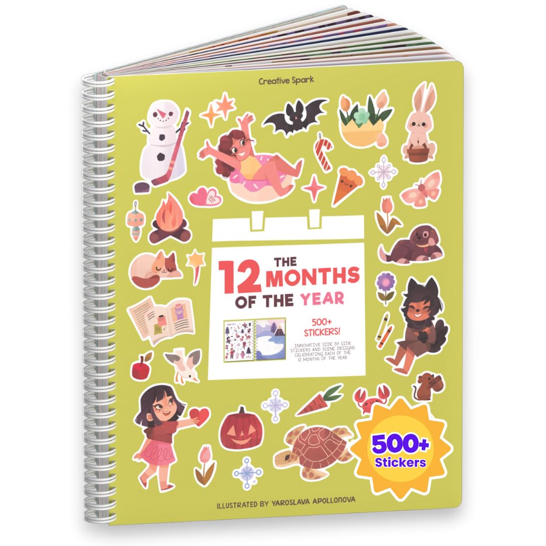 12 Months Sticker + Coloring Book (500+ Calendar Stickers for Kids & 12 Coloring Pages) Side by Side Activity Book, Fun Sticker Books, Boys & Girls Ages 2-4, 4-8, 8-10