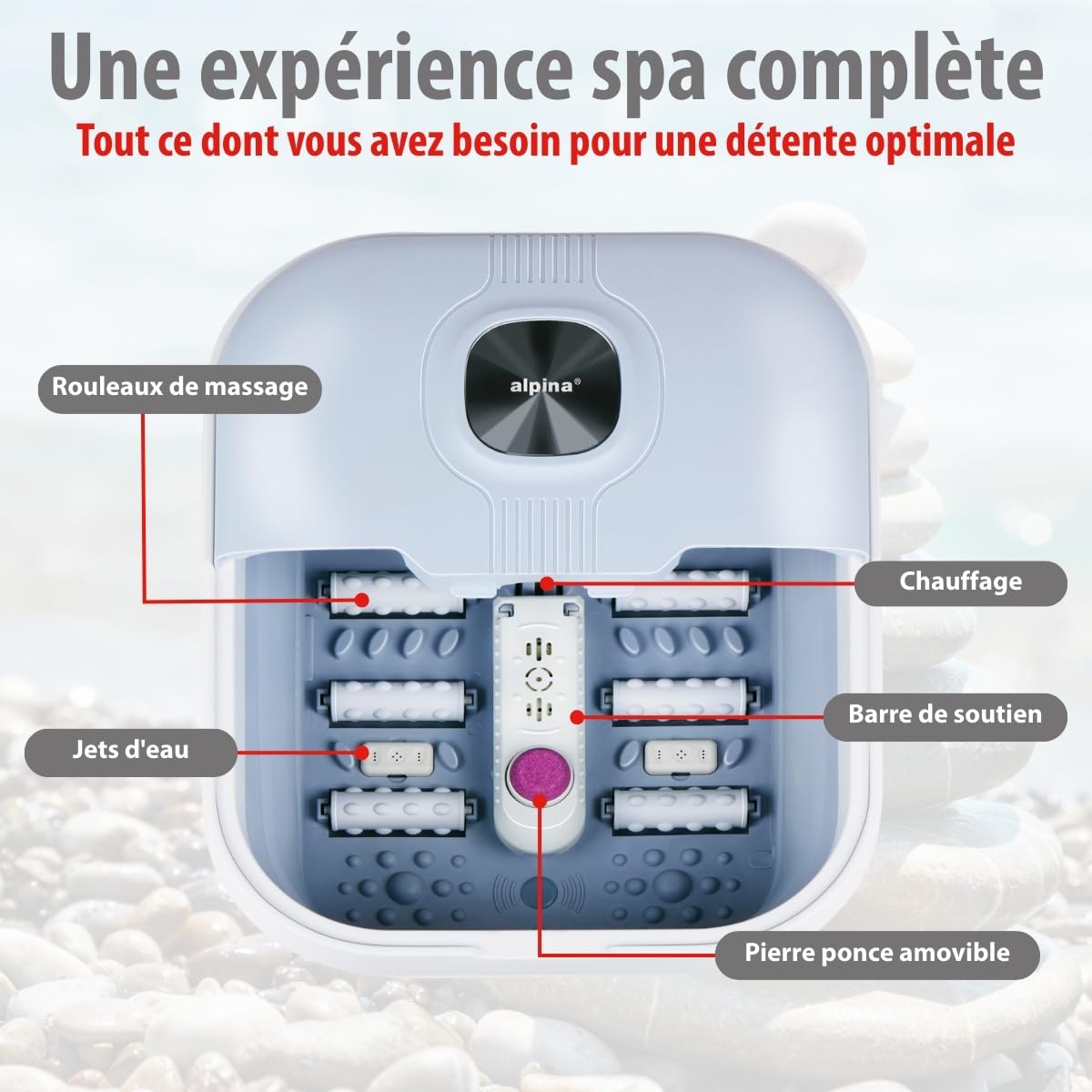 alpina Spa Pieds 8L 500W – Bain de Pieds Pliable Chauffant avec Bulles – Rouleaux Massage et Pierre Ponce – Spa Relaxation Maison Pieds – Bleu Clair