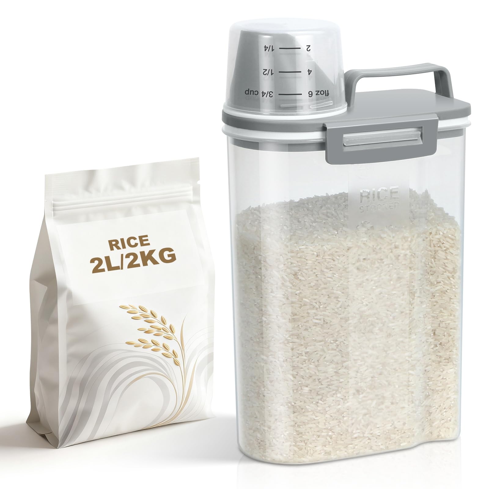 TBMax Contenitore per riso da 2 l/5 l, piccolo contenitore per alimenti per fagioli, farina, detersivo in polvere, contenitore portatile per cereali con coperchio (2 l, grigio chiaro)