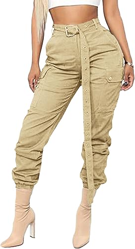 Rooscier Pantalones deportivos de cintura alta con cinturón para mujer pantalones cargo para exteriores con bolsillos